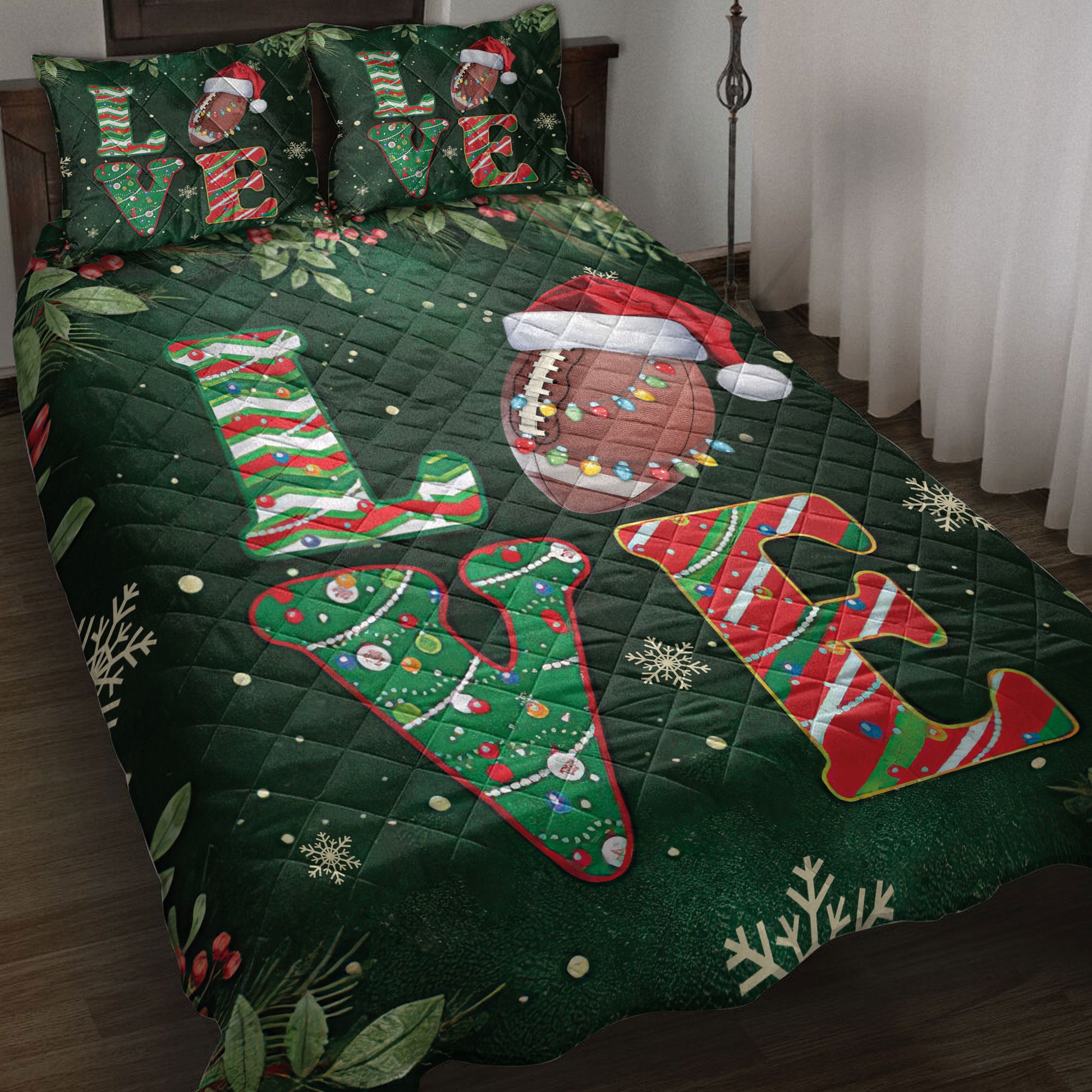 Ohaprints-Quilt-Bed-Set-Pillowcase-Love-Football-With-Christmas-Hat-Holly-Berry--Snowflake-Xmas-Holiday-Blanket-Bedspread-Bedding-3768-Throw (55'' x 60'')