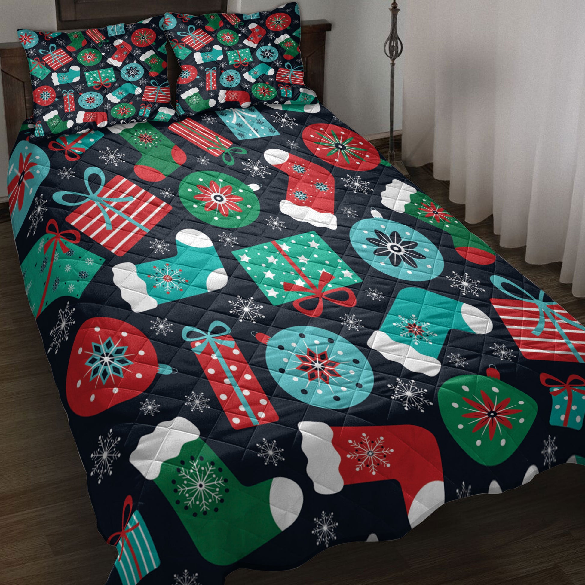 Ohaprints-Quilt-Bed-Set-Pillowcase-Colorful-Retro-Christmas-Presents-Stockings-Glass-Balls-Snowflakes-Blanket-Bedspread-Bedding-4183-Throw (55'' x 60'')