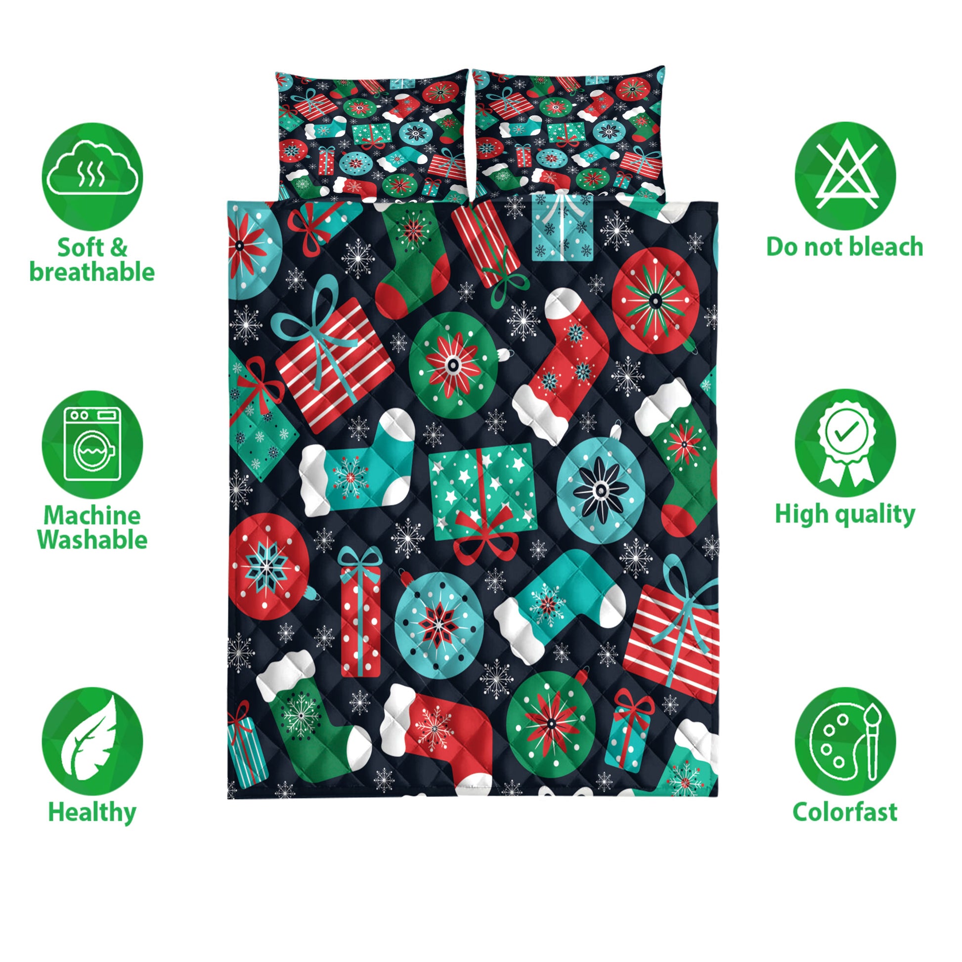 Ohaprints-Quilt-Bed-Set-Pillowcase-Colorful-Retro-Christmas-Presents-Stockings-Glass-Balls-Snowflakes-Blanket-Bedspread-Bedding-4183-Double (70'' x 80'')