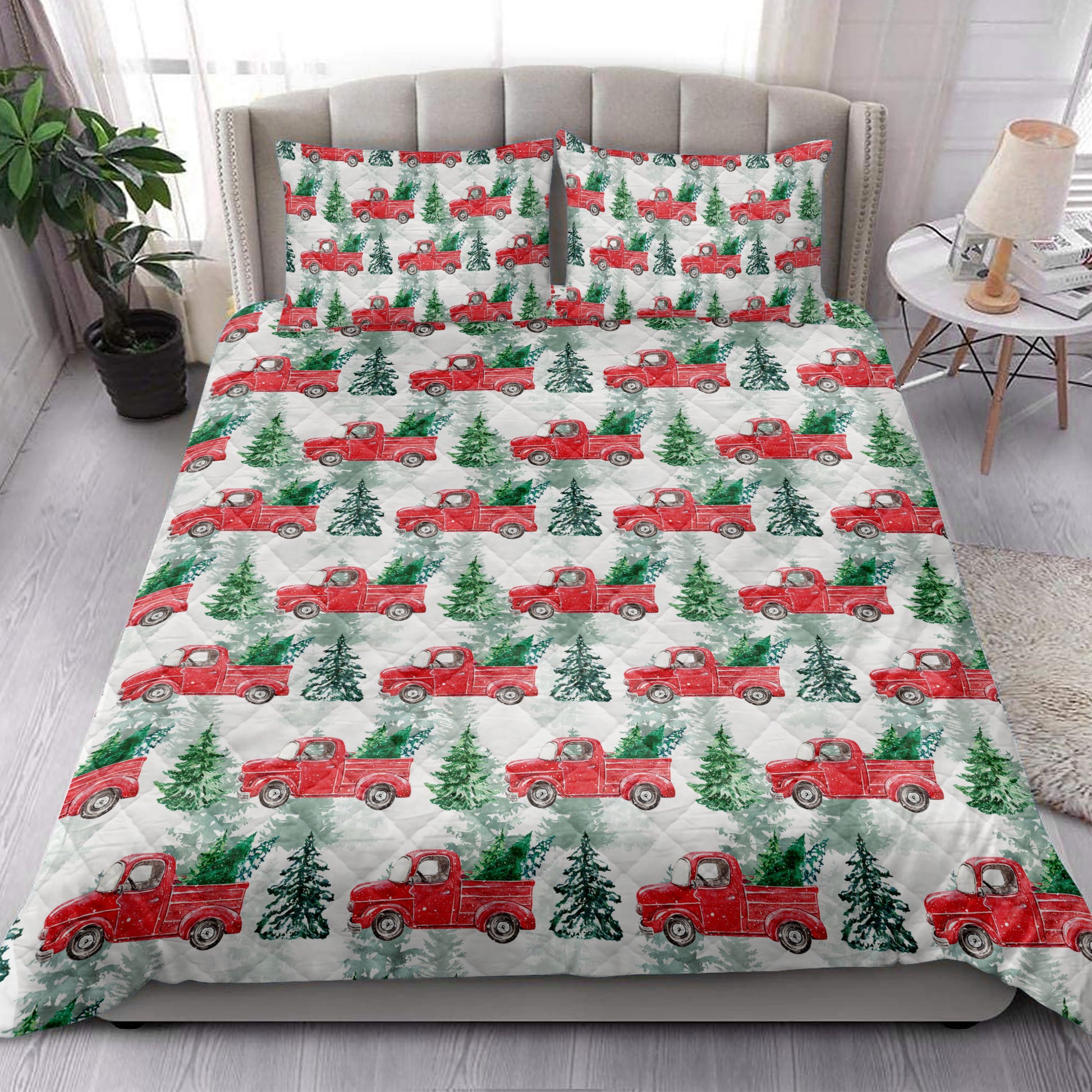 Ohaprints-Quilt-Bed-Set-Pillowcase-Christmas-Red-Truck-Winter-Holiday-Snow-Spruce-Pine-Tree-Unique-Gift-Blanket-Bedspread-Bedding-4185-King (90'' x 100'')