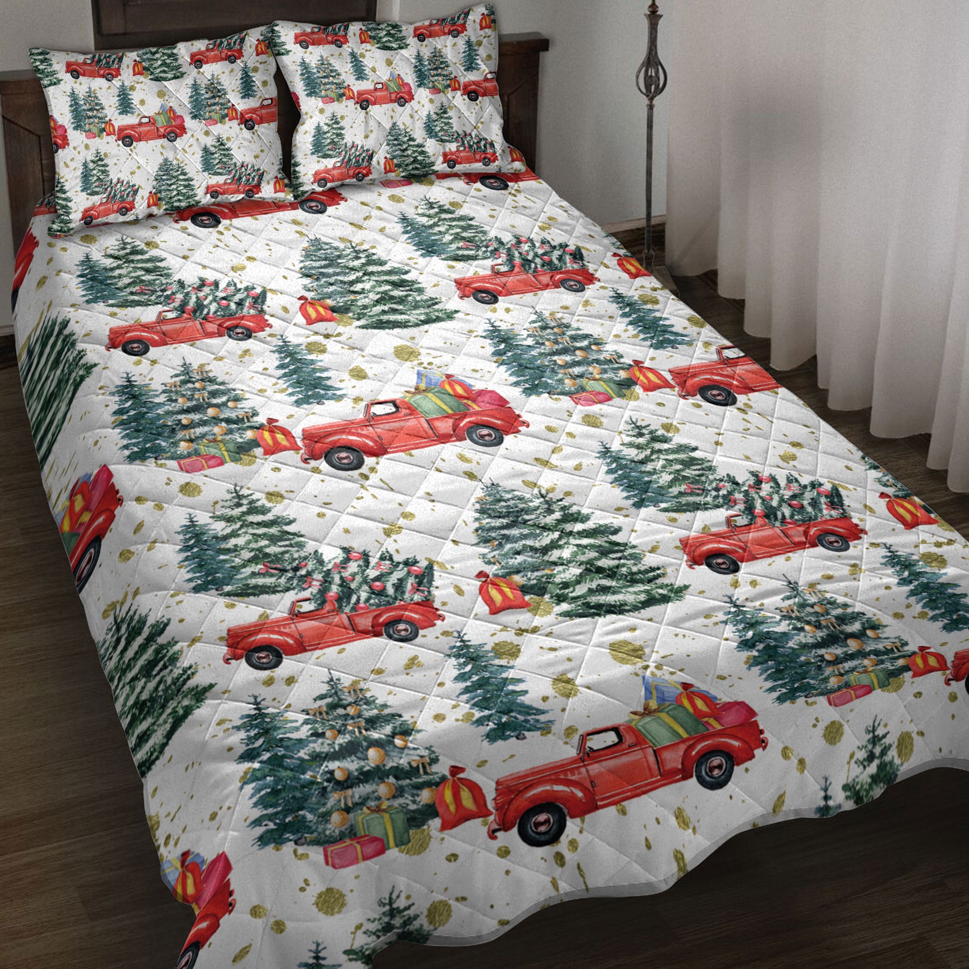 Ohaprints-Quilt-Bed-Set-Pillowcase-Christmas-Retro-Truck-And-Christmas-Tree--Winter-Holiday-Unique-Gift-Blanket-Bedspread-Bedding-4186-Throw (55'' x 60'')