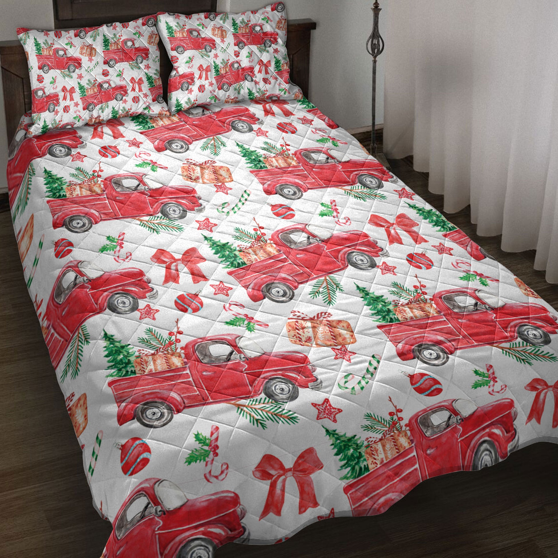 Ohaprints-Quilt-Bed-Set-Pillowcase-Christmas-Red-Truck-Fir-Tree-Candy-Cane-Ribbon-Winter-Holiday-Blanket-Bedspread-Bedding-4187-Throw (55'' x 60'')