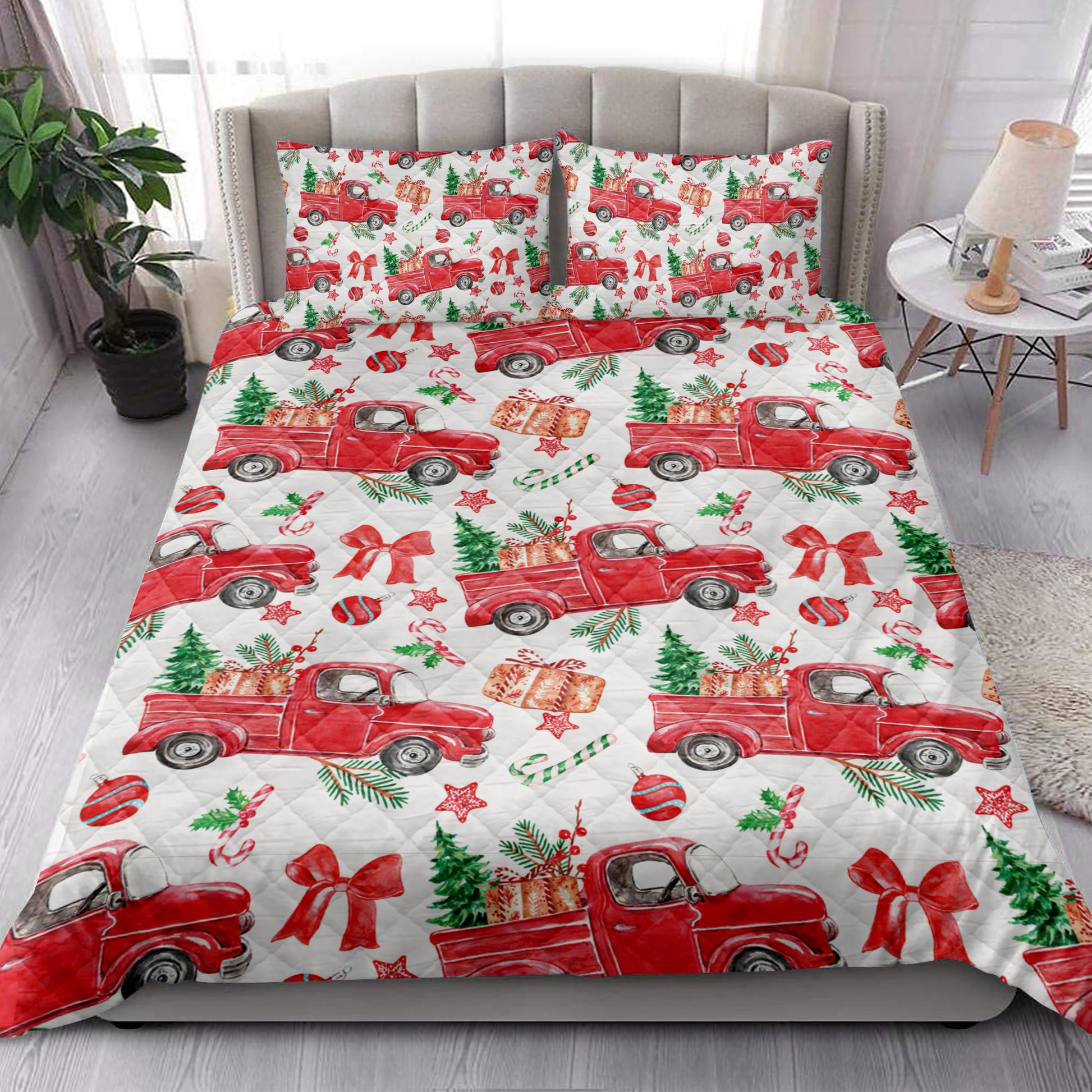 Ohaprints-Quilt-Bed-Set-Pillowcase-Christmas-Red-Truck-Fir-Tree-Candy-Cane-Ribbon-Winter-Holiday-Blanket-Bedspread-Bedding-4187-King (90'' x 100'')