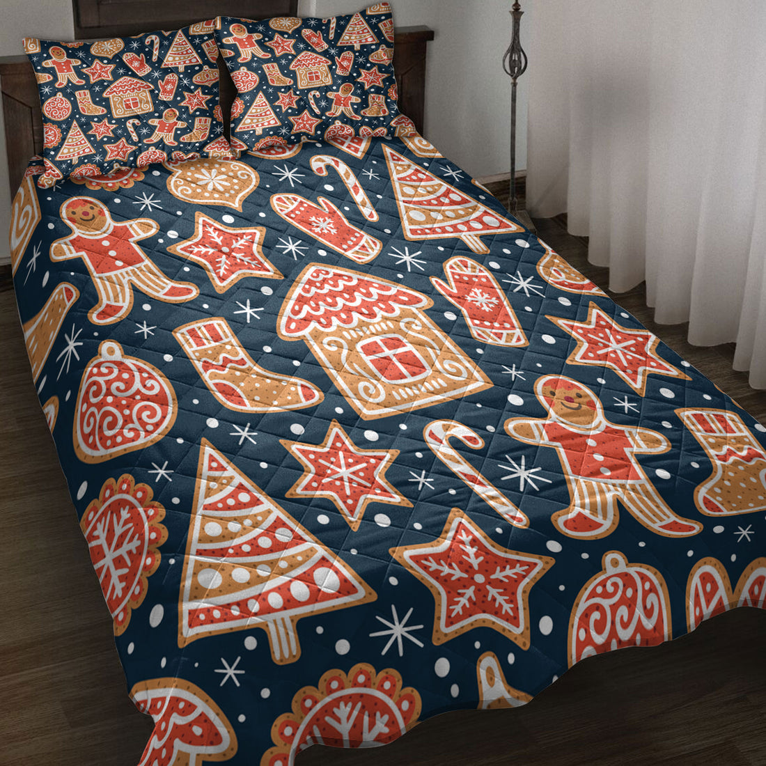 Ohaprints-Quilt-Bed-Set-Pillowcase-Gingerbread-Cookies-Christmas-Tree-Star-Snowflake-Christmas-Pattern-Blanket-Bedspread-Bedding-4189-Throw (55'' x 60'')