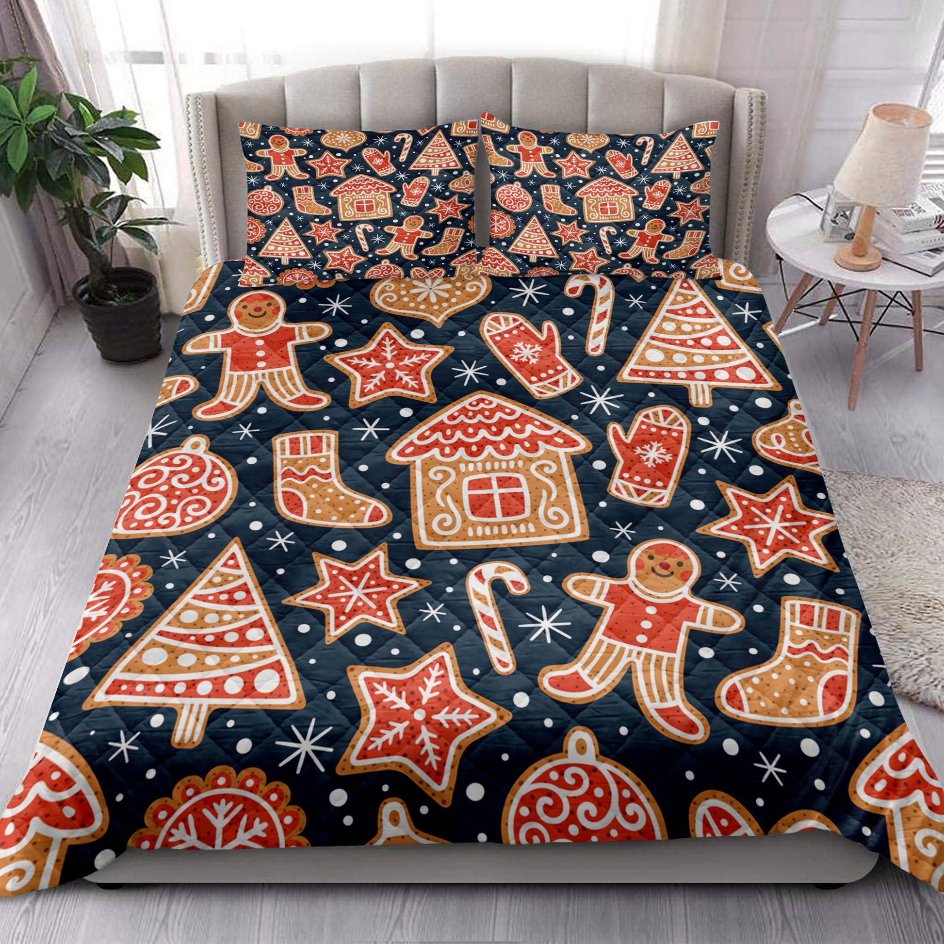 Ohaprints-Quilt-Bed-Set-Pillowcase-Gingerbread-Cookies-Christmas-Tree-Star-Snowflake-Christmas-Pattern-Blanket-Bedspread-Bedding-4189-King (90'' x 100'')