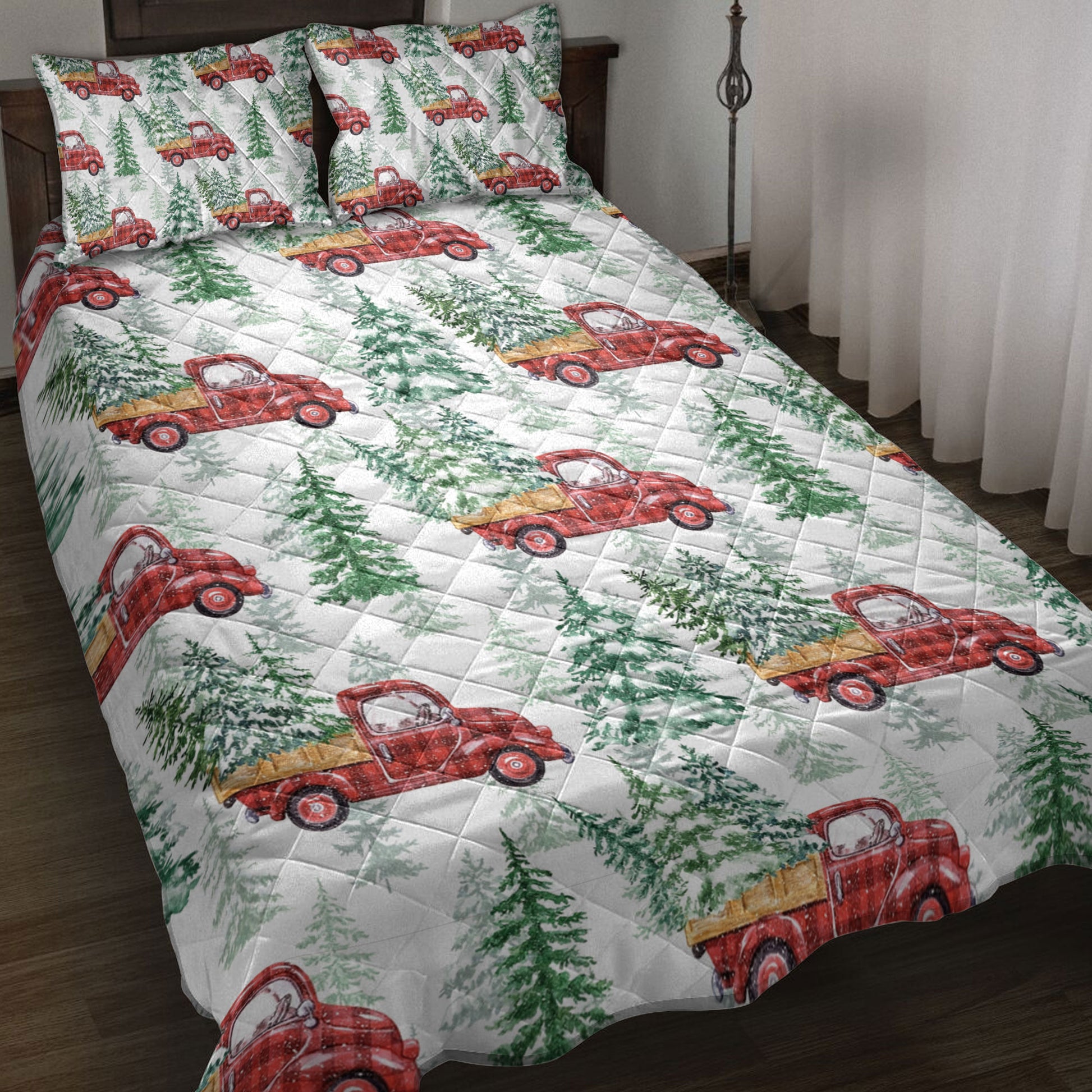 Ohaprints-Quilt-Bed-Set-Pillowcase-Christmas-Red-Buffalo-Plaid-Truck-Pine-Trees-Holiday-Snowy-Tree-Blanket-Bedspread-Bedding-4195-Throw (55'' x 60'')