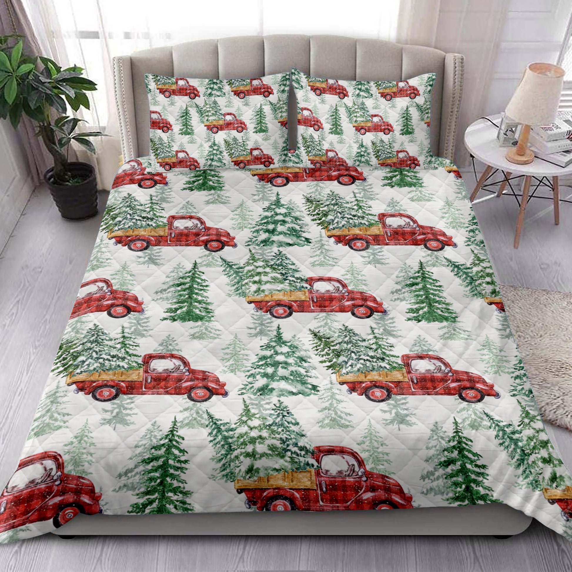 Ohaprints-Quilt-Bed-Set-Pillowcase-Christmas-Red-Buffalo-Plaid-Truck-Pine-Trees-Holiday-Snowy-Tree-Blanket-Bedspread-Bedding-4195-King (90'' x 100'')