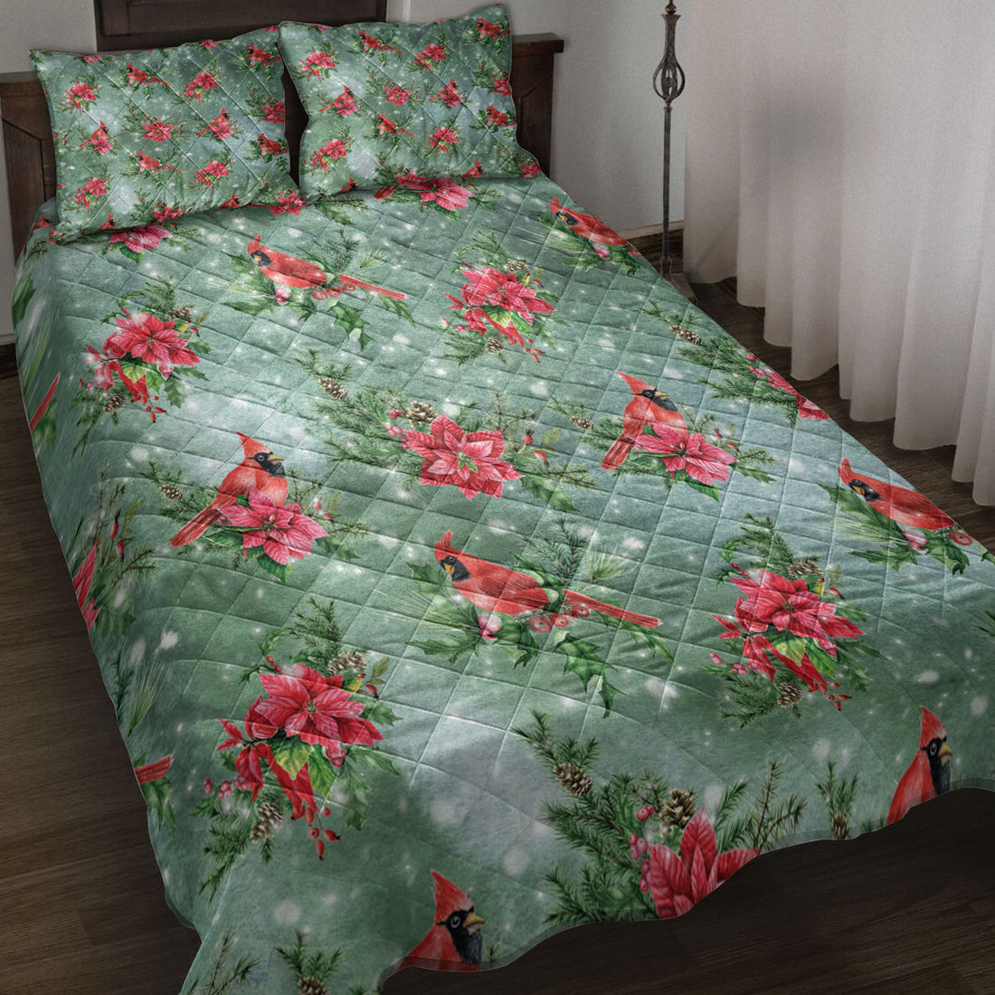 Ohaprints-Quilt-Bed-Set-Pillowcase-Christmas-With-Poinsettia-Cardinal-Green-Background-Winter-Holiday-Blanket-Bedspread-Bedding-4198-Throw (55'' x 60'')