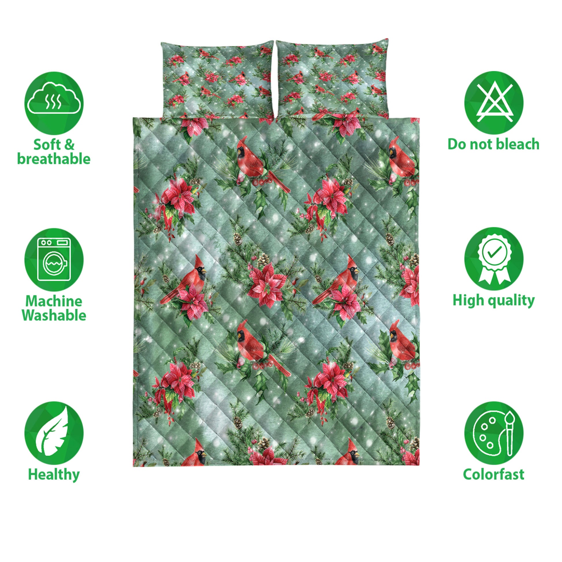 Ohaprints-Quilt-Bed-Set-Pillowcase-Christmas-With-Poinsettia-Cardinal-Green-Background-Winter-Holiday-Blanket-Bedspread-Bedding-4198-Double (70'' x 80'')