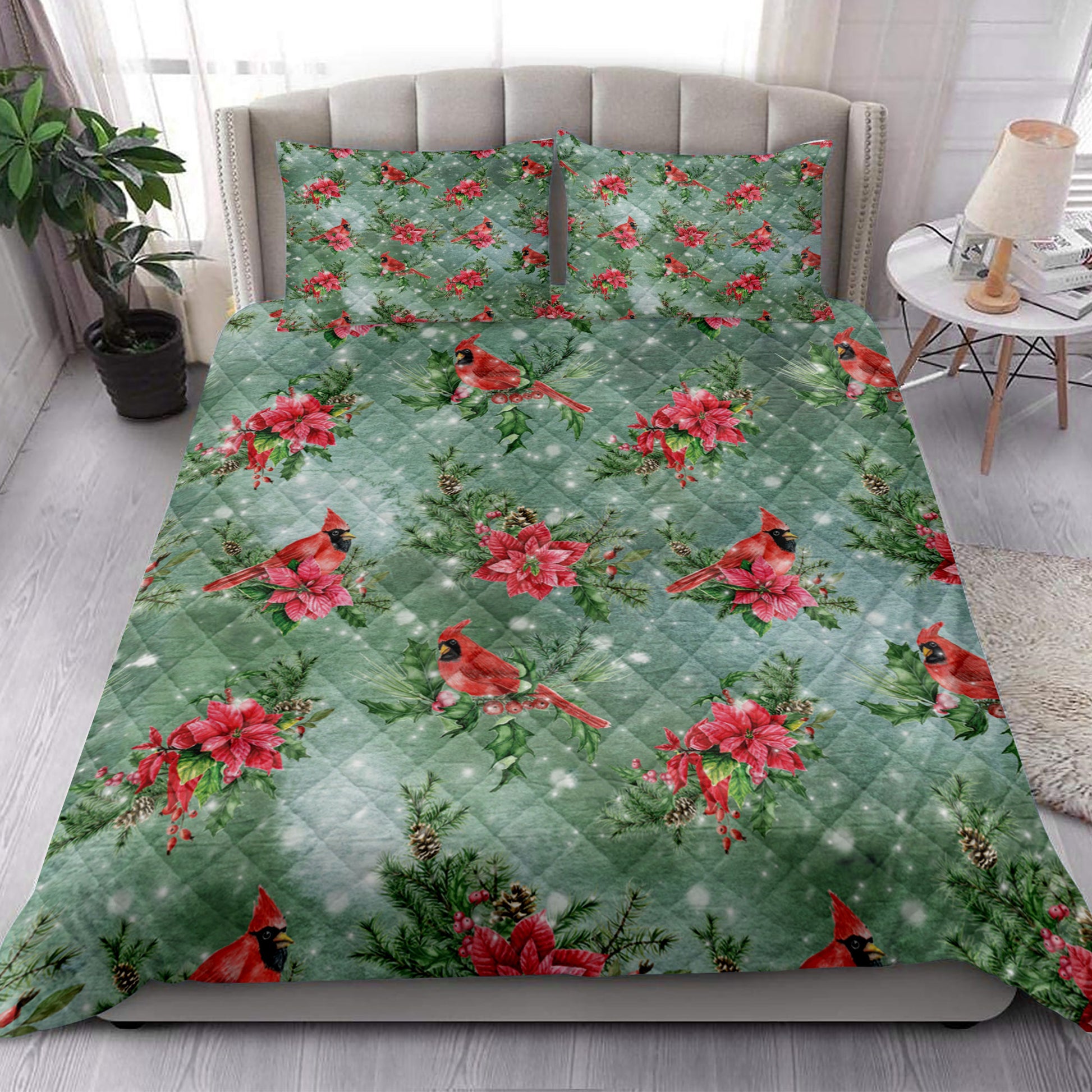 Ohaprints-Quilt-Bed-Set-Pillowcase-Christmas-With-Poinsettia-Cardinal-Green-Background-Winter-Holiday-Blanket-Bedspread-Bedding-4198-King (90'' x 100'')