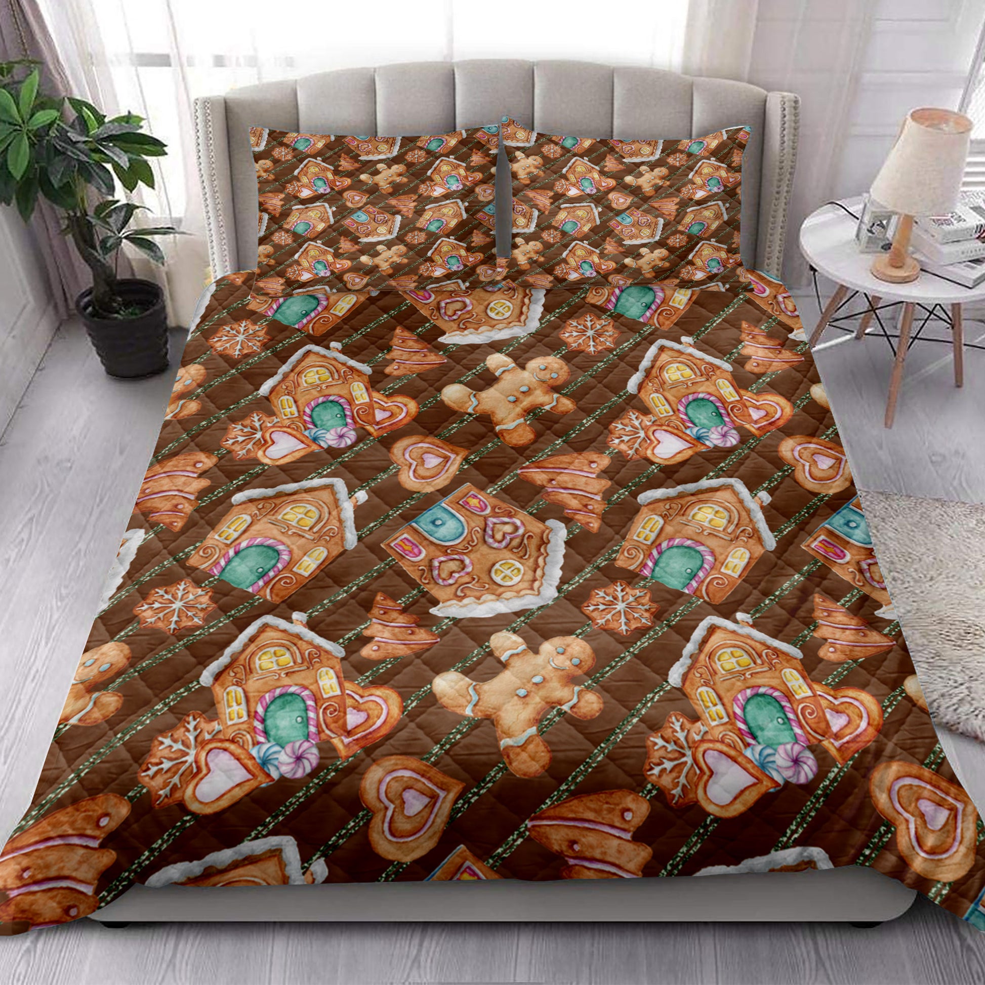 Ohaprints-Quilt-Bed-Set-Pillowcase-Christmas-Gingerbread-House-Cookies-Brown-Winter-Holiday-Blanket-Bedspread-Bedding-4199-King (90'' x 100'')