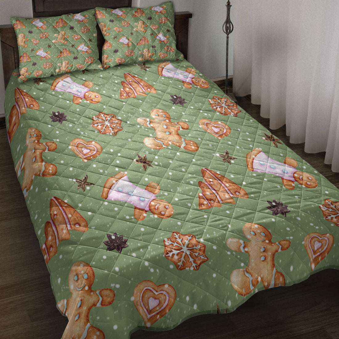 Ohaprints-Quilt-Bed-Set-Pillowcase-Gingerbread-Cinnamon-Christmas-Pattern-Green-Pattern-Christmas-Gifts-Blanket-Bedspread-Bedding-4201-Throw (55'' x 60'')