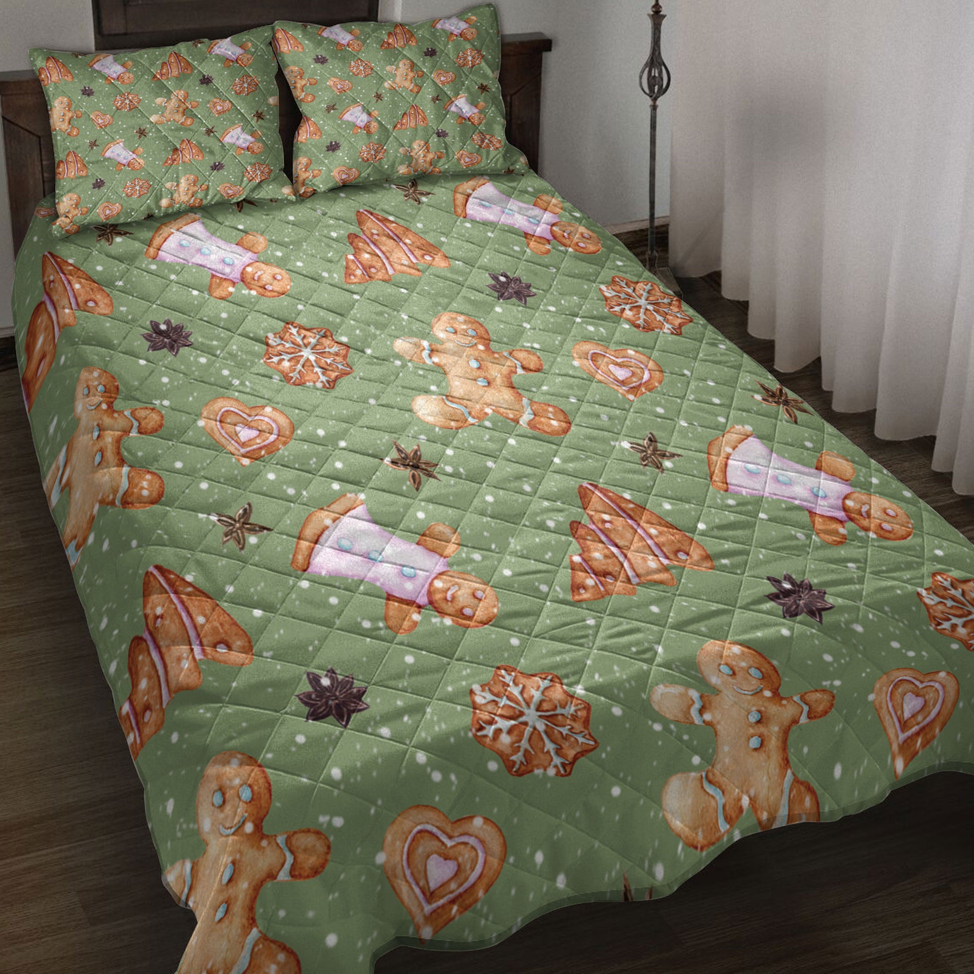 Ohaprints-Quilt-Bed-Set-Pillowcase-Gingerbread-Cinnamon-Christmas-Pattern-Green-Pattern-Christmas-Gifts-Blanket-Bedspread-Bedding-4201-Throw (55'' x 60'')