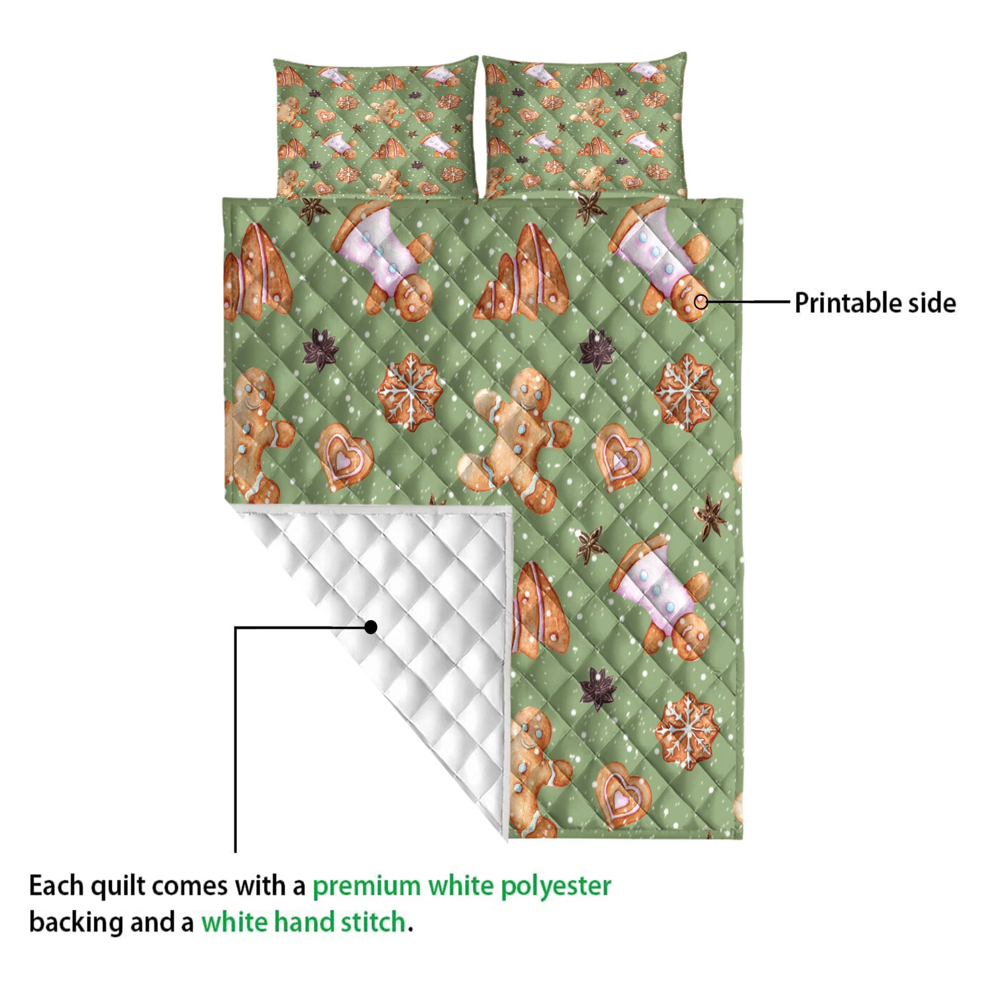 Ohaprints-Quilt-Bed-Set-Pillowcase-Gingerbread-Cinnamon-Christmas-Pattern-Green-Pattern-Christmas-Gifts-Blanket-Bedspread-Bedding-4201-Queen (80'' x 90'')