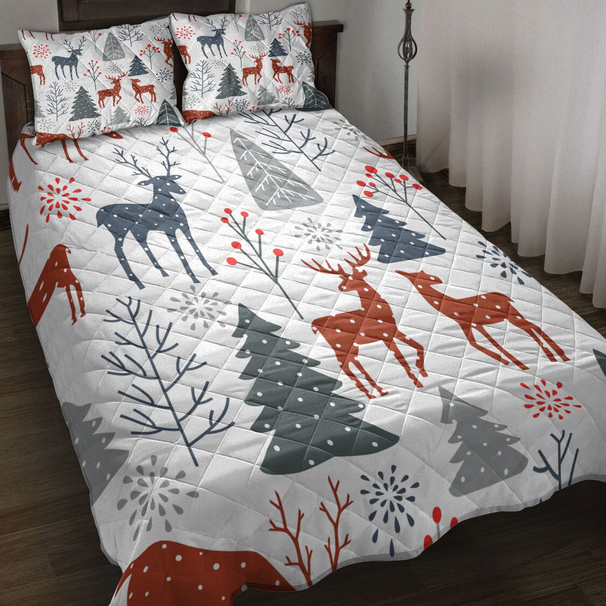 Ohaprints-Quilt-Bed-Set-Pillowcase-Christmas-With-Trees-Spruces-Reindeer-Winter-Holiday-Christmas-Gift-Blanket-Bedspread-Bedding-4202-Throw (55'' x 60'')