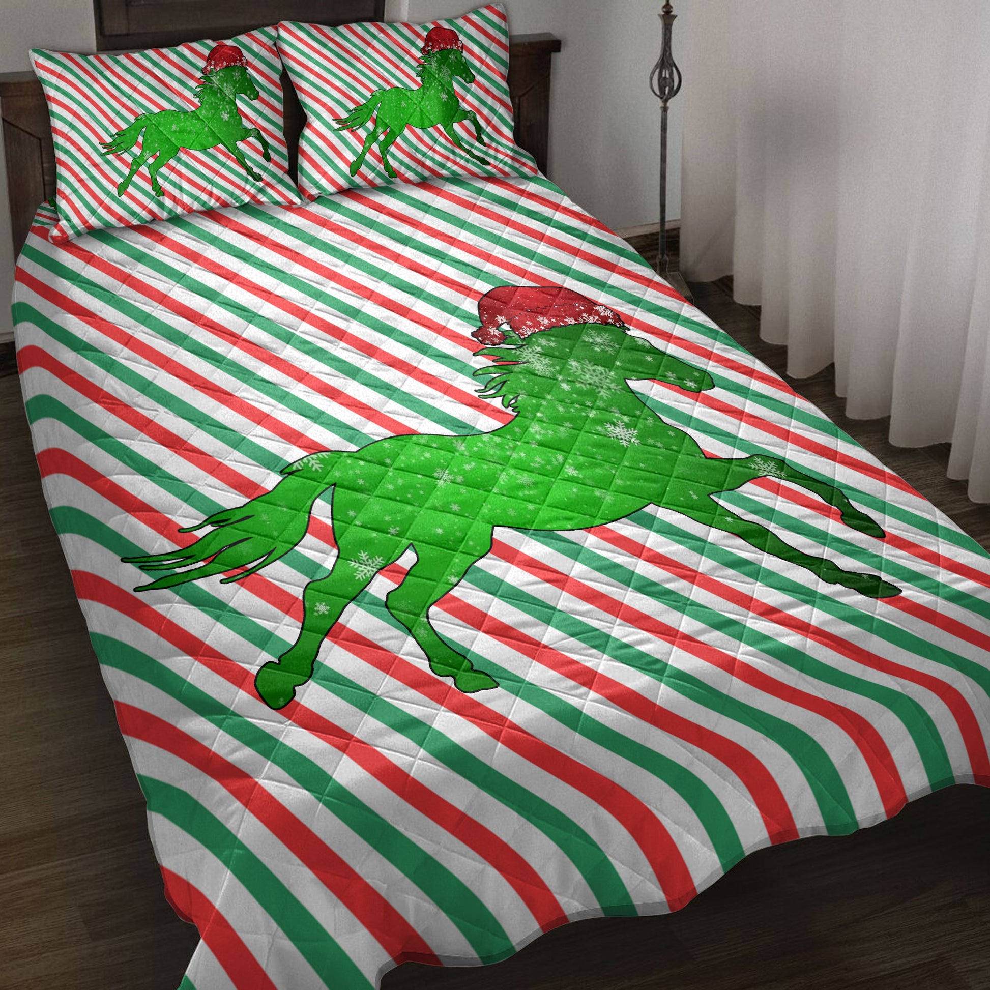 Ohaprints-Quilt-Bed-Set-Pillowcase-Horse-Christmas-Hat-Cane-Candy-Stripes-Shiny-Green-Winter-Holiday-Blanket-Bedspread-Bedding-3638-Throw (55'' x 60'')