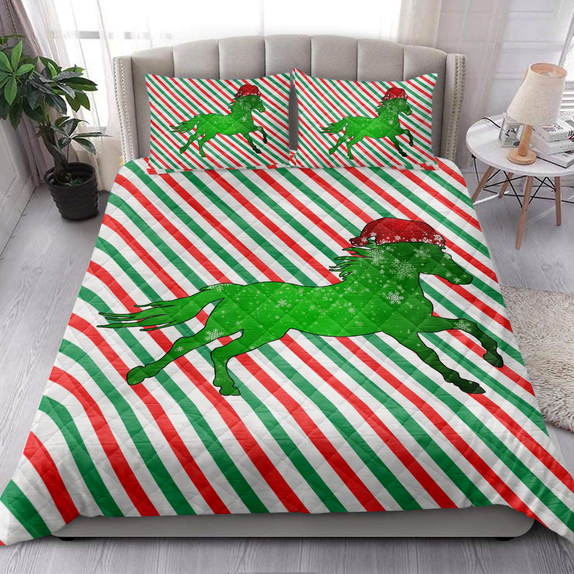 Ohaprints-Quilt-Bed-Set-Pillowcase-Horse-Christmas-Hat-Cane-Candy-Stripes-Shiny-Green-Winter-Holiday-Blanket-Bedspread-Bedding-3638-King (90'' x 100'')