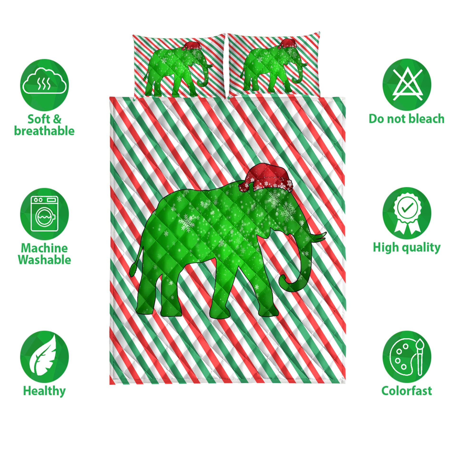 Ohaprints-Quilt-Bed-Set-Pillowcase-Elephant-Christmas-Hat-Cane-Candy-Stripes-Shiny-Green-Winter-Holiday-Blanket-Bedspread-Bedding-3675-Double (70'' x 80'')