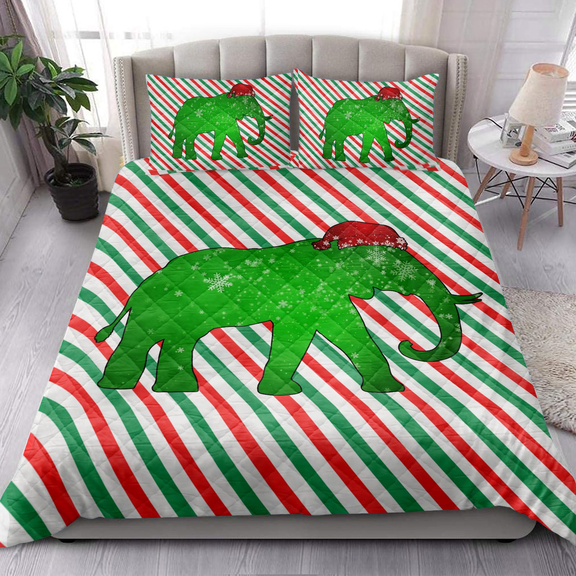 Ohaprints-Quilt-Bed-Set-Pillowcase-Elephant-Christmas-Hat-Cane-Candy-Stripes-Shiny-Green-Winter-Holiday-Blanket-Bedspread-Bedding-3675-King (90'' x 100'')