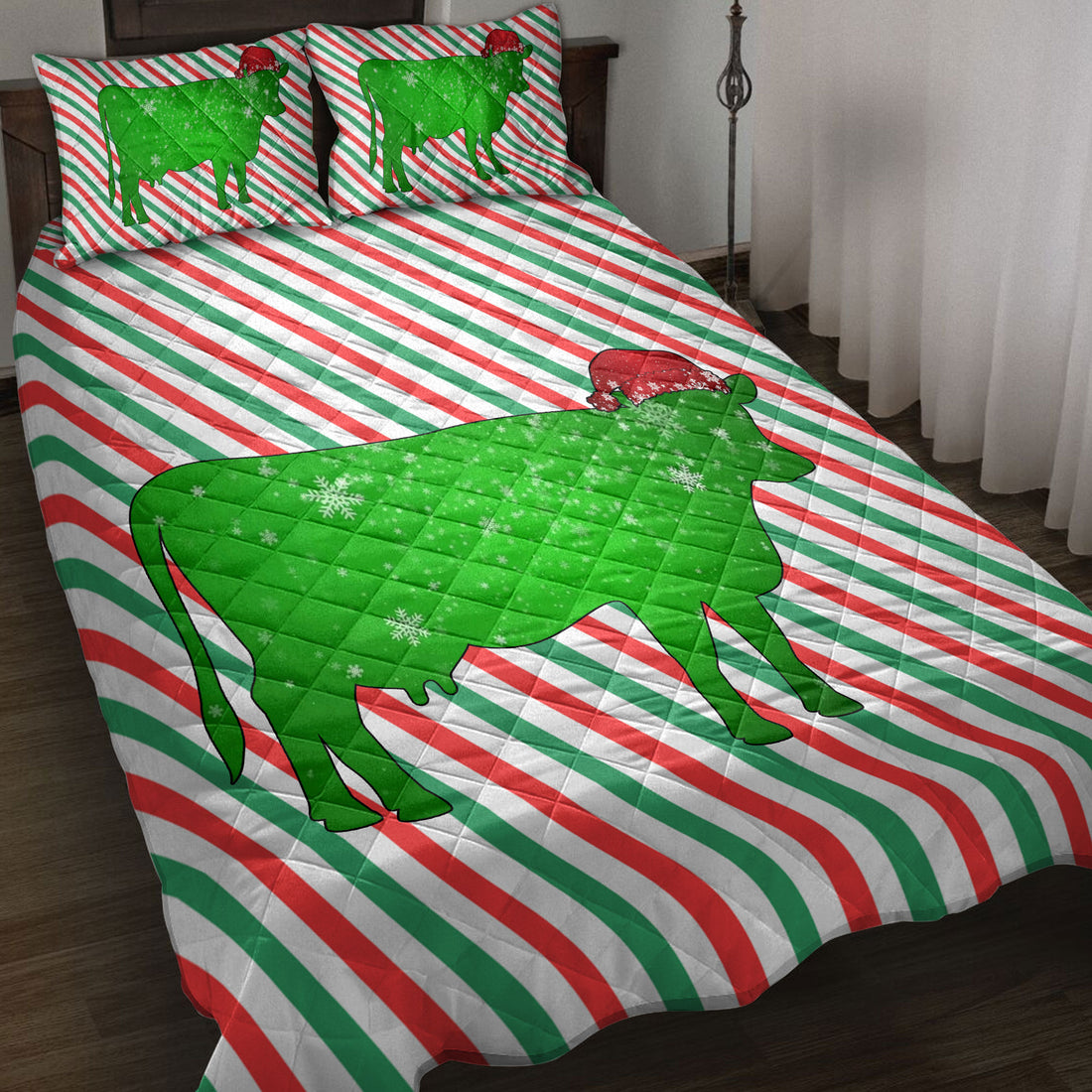 Ohaprints-Quilt-Bed-Set-Pillowcase-Cow-Christmas-Hat-Cane-Candy-Stripes-Shiny-Green-Winter-Holiday-Blanket-Bedspread-Bedding-3720-Throw (55'' x 60'')