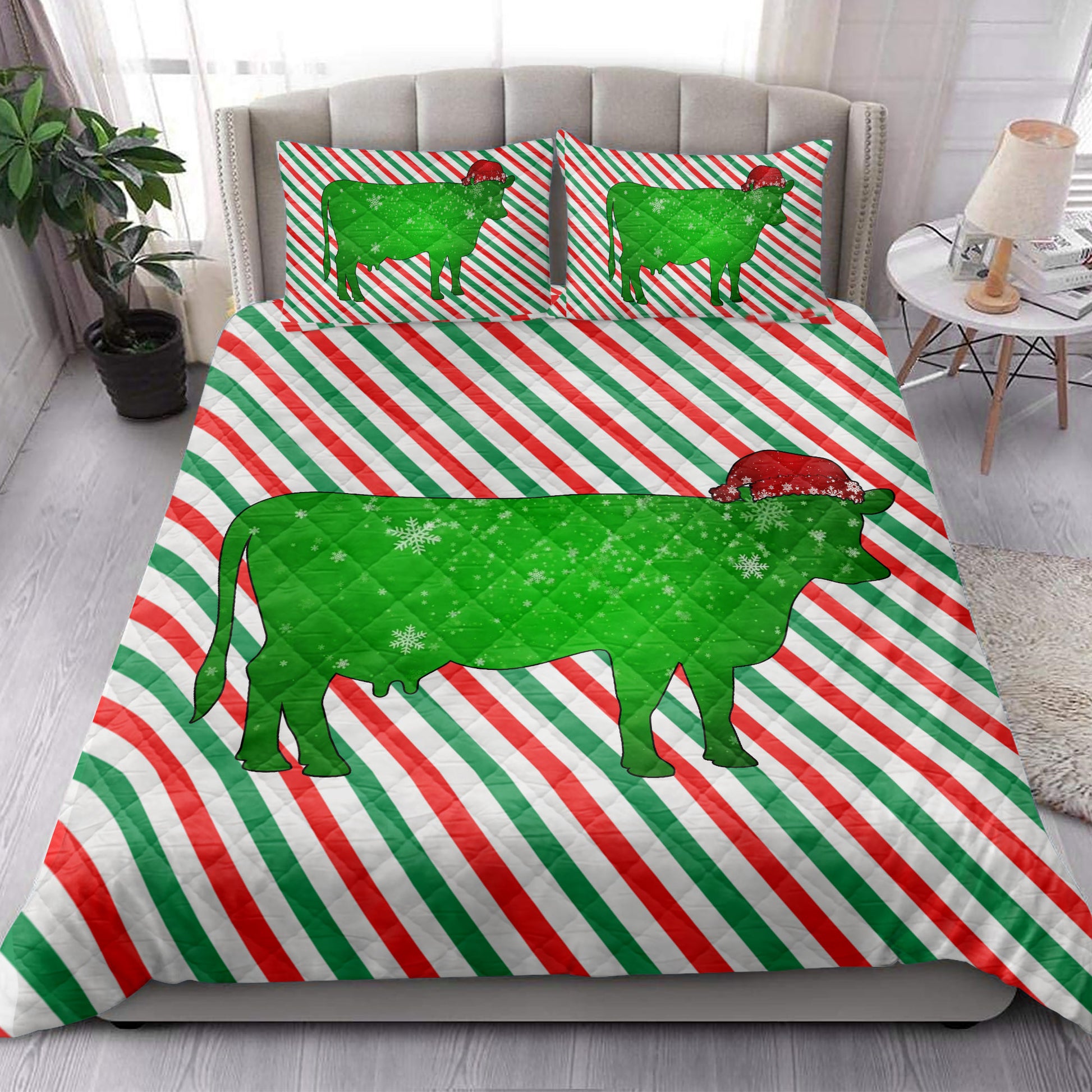 Ohaprints-Quilt-Bed-Set-Pillowcase-Cow-Christmas-Hat-Cane-Candy-Stripes-Shiny-Green-Winter-Holiday-Blanket-Bedspread-Bedding-3720-King (90'' x 100'')