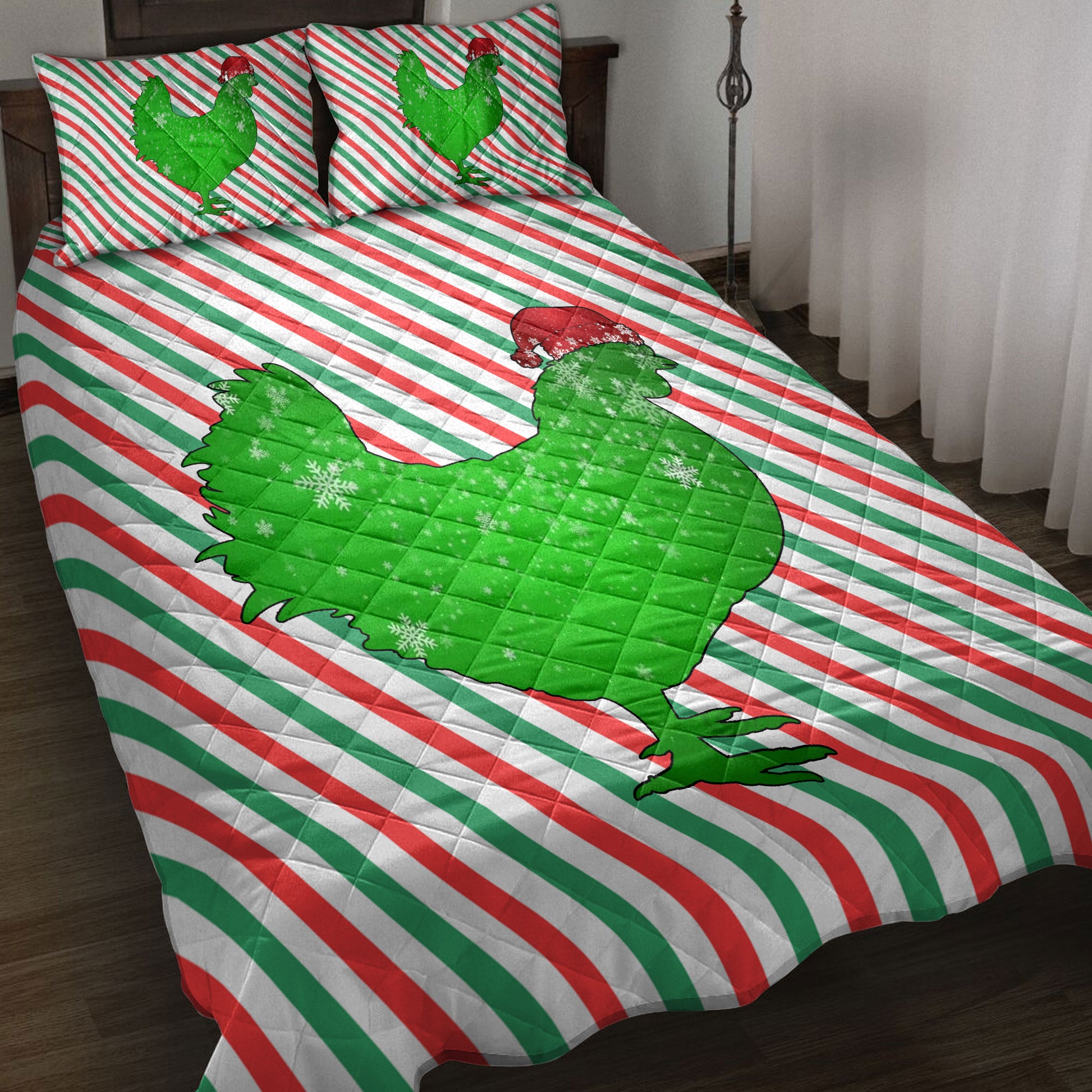 Ohaprints-Quilt-Bed-Set-Pillowcase-Chicken-Christmas-Hat-Cane-Candy-Stripes-Shiny-Green-Winter-Holiday-Blanket-Bedspread-Bedding-3599-Throw (55'' x 60'')