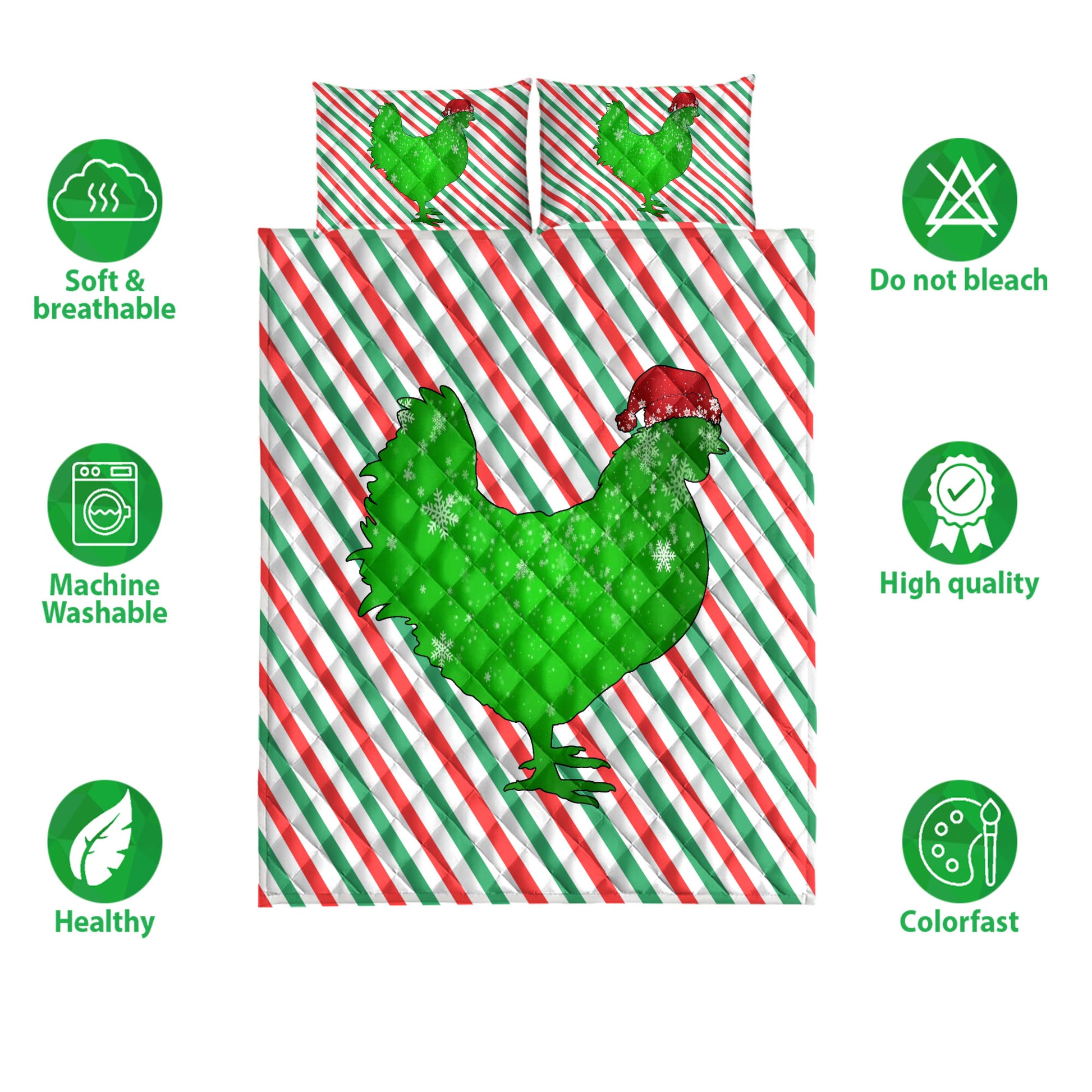 Ohaprints-Quilt-Bed-Set-Pillowcase-Chicken-Christmas-Hat-Cane-Candy-Stripes-Shiny-Green-Winter-Holiday-Blanket-Bedspread-Bedding-3599-Double (70'' x 80'')