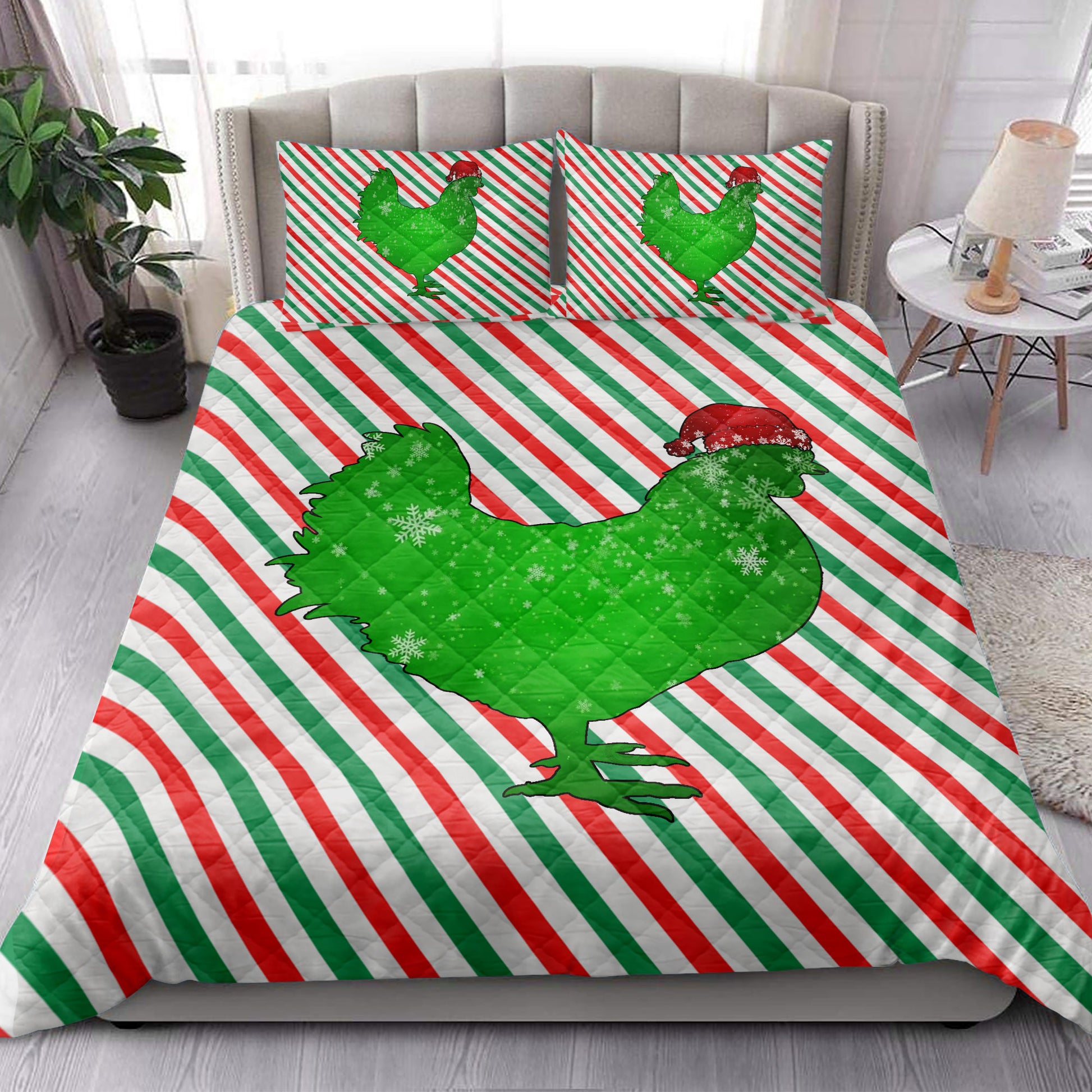 Ohaprints-Quilt-Bed-Set-Pillowcase-Chicken-Christmas-Hat-Cane-Candy-Stripes-Shiny-Green-Winter-Holiday-Blanket-Bedspread-Bedding-3599-King (90'' x 100'')