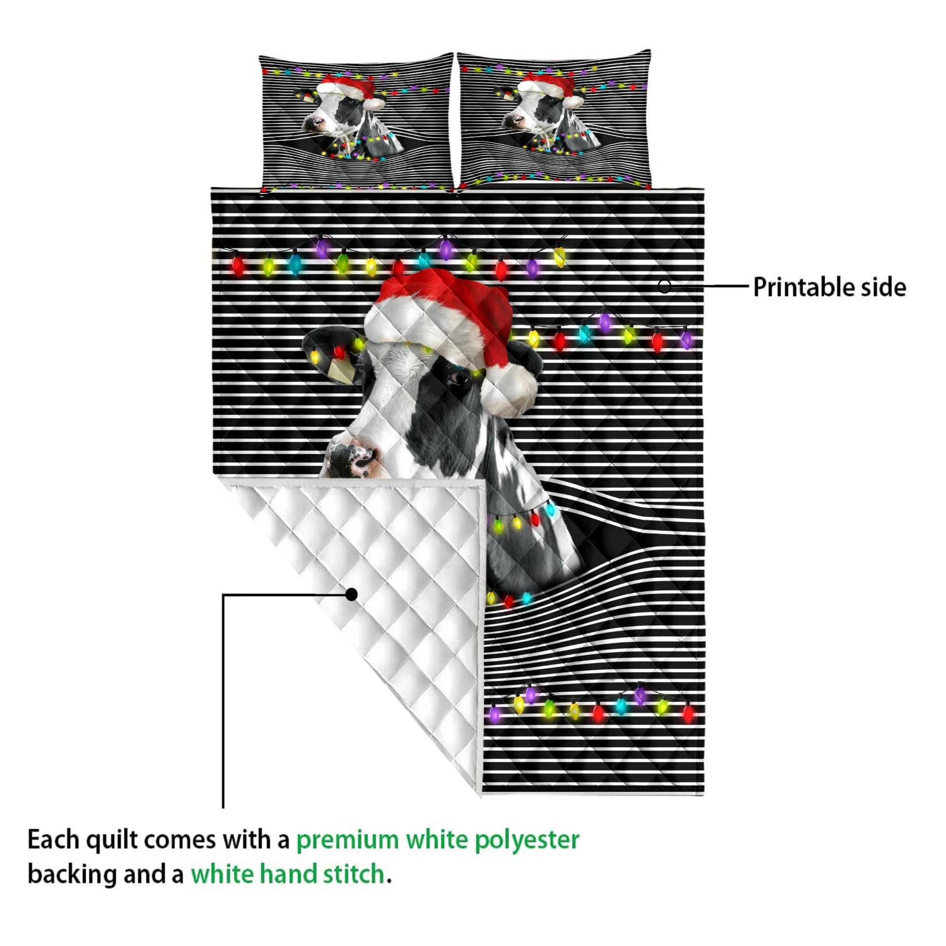 Ohaprints-Quilt-Bed-Set-Pillowcase-Funny-Cow-With-Christmas-Hat-String-Light-Xmas-Winter-Holiday-Blanket-Bedspread-Bedding-3721-Queen (80'' x 90'')