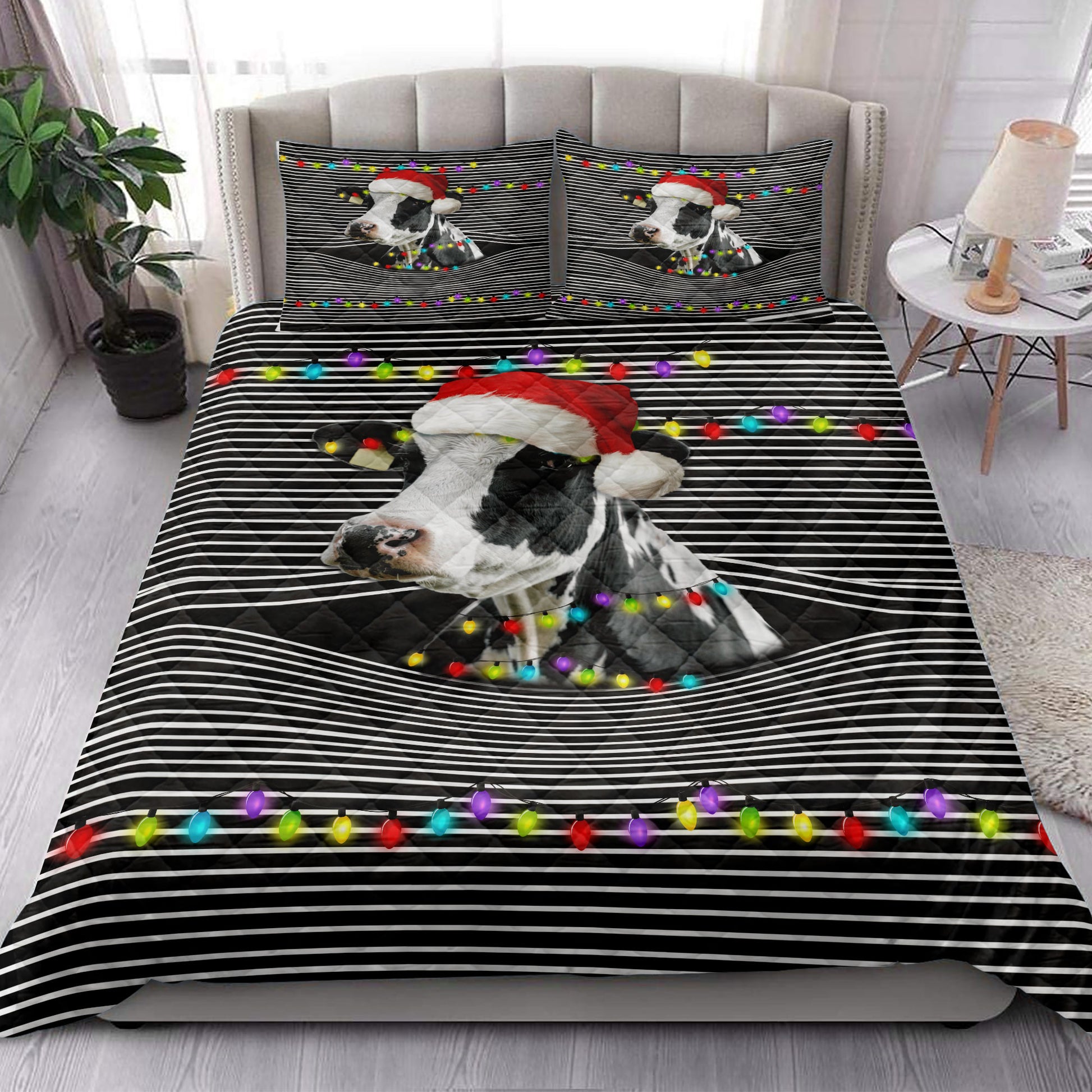 Ohaprints-Quilt-Bed-Set-Pillowcase-Funny-Cow-With-Christmas-Hat-String-Light-Xmas-Winter-Holiday-Blanket-Bedspread-Bedding-3721-King (90'' x 100'')