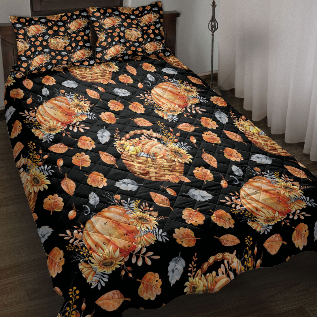 Ohaprints-Quilt-Bed-Set-Pillowcase-Autumn-Pumpkins-Sunflower-Fall-Leaves-Flower--Holiday-Thanksgiving-Harvest-Blanket-Bedspread-Bedding-3292-Throw (55'' x 60'')