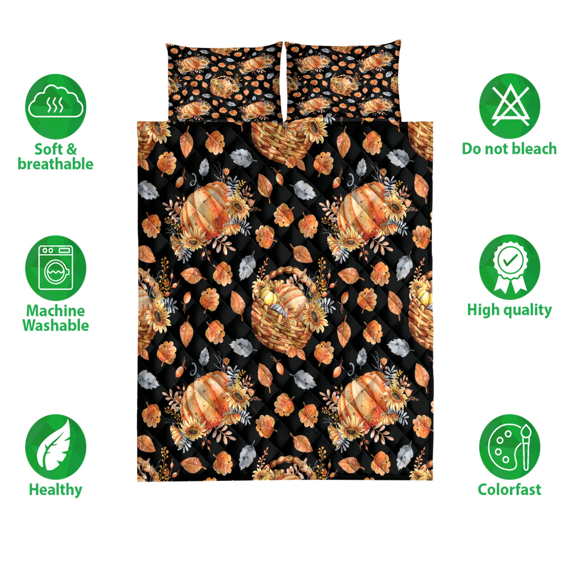 Ohaprints-Quilt-Bed-Set-Pillowcase-Autumn-Pumpkins-Sunflower-Fall-Leaves-Flower--Holiday-Thanksgiving-Harvest-Blanket-Bedspread-Bedding-3292-Double (70'' x 80'')