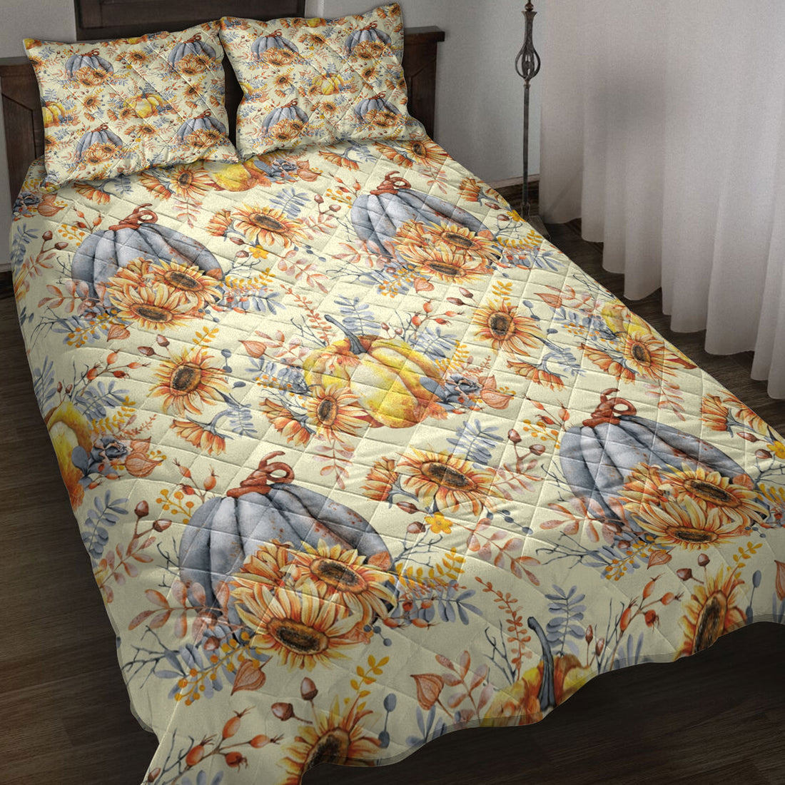 Ohaprints-Quilt-Bed-Set-Pillowcase-Autumn-Pumpkins-Sunflower-Berries-Fall-Leaves-Holiday-Thanksgiving-Harvest-Blanket-Bedspread-Bedding-3293-Throw (55'' x 60'')