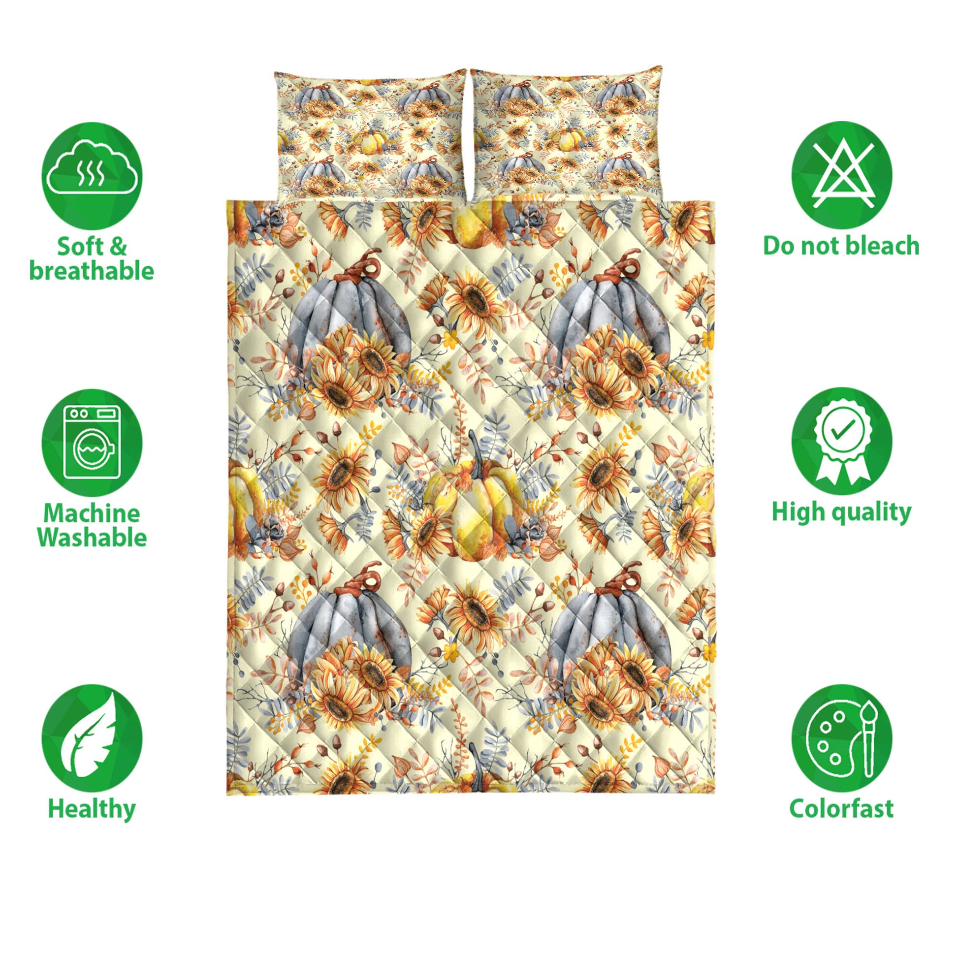 Ohaprints-Quilt-Bed-Set-Pillowcase-Autumn-Pumpkins-Sunflower-Berries-Fall-Leaves-Holiday-Thanksgiving-Harvest-Blanket-Bedspread-Bedding-3293-Double (70'' x 80'')