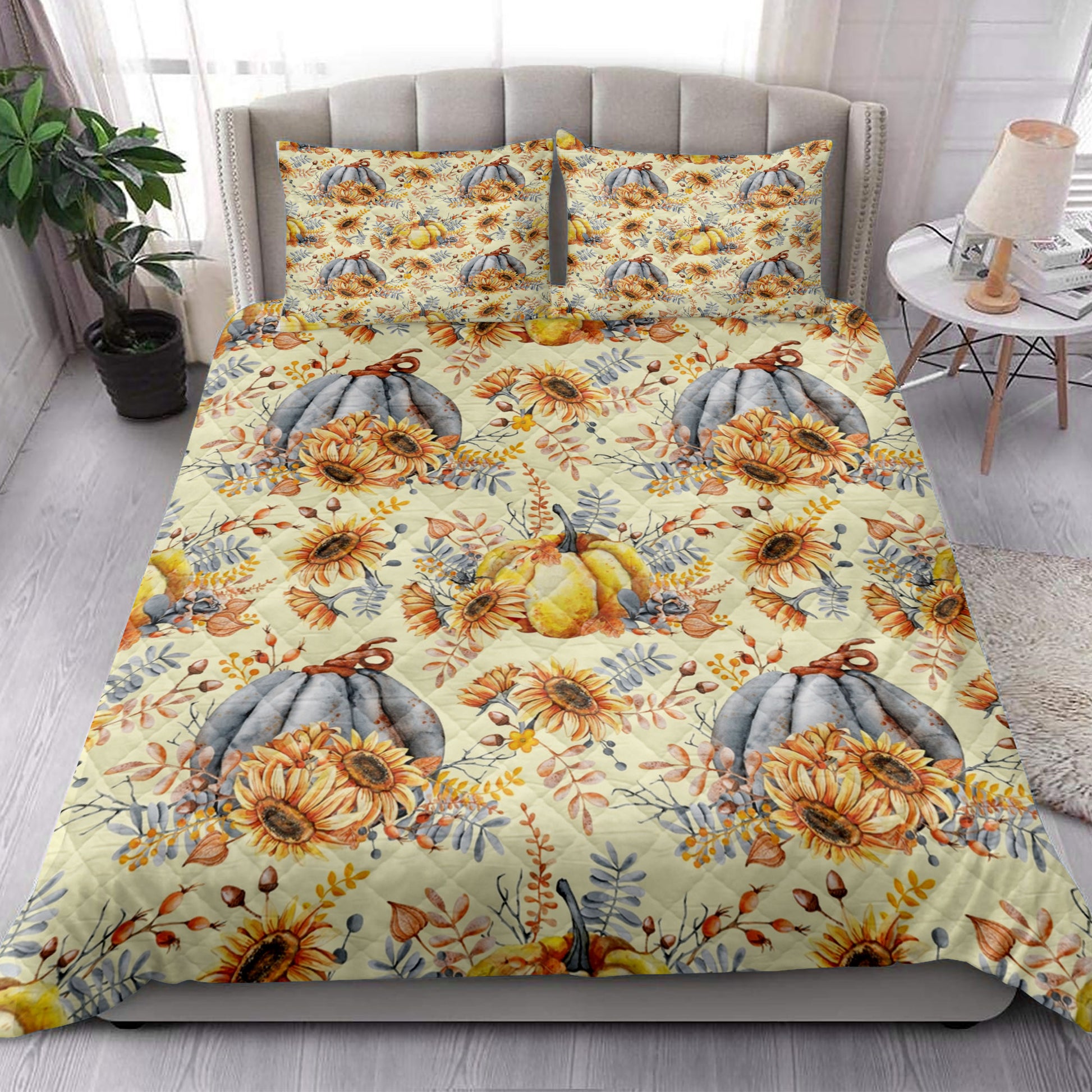 Ohaprints-Quilt-Bed-Set-Pillowcase-Autumn-Pumpkins-Sunflower-Berries-Fall-Leaves-Holiday-Thanksgiving-Harvest-Blanket-Bedspread-Bedding-3293-King (90'' x 100'')