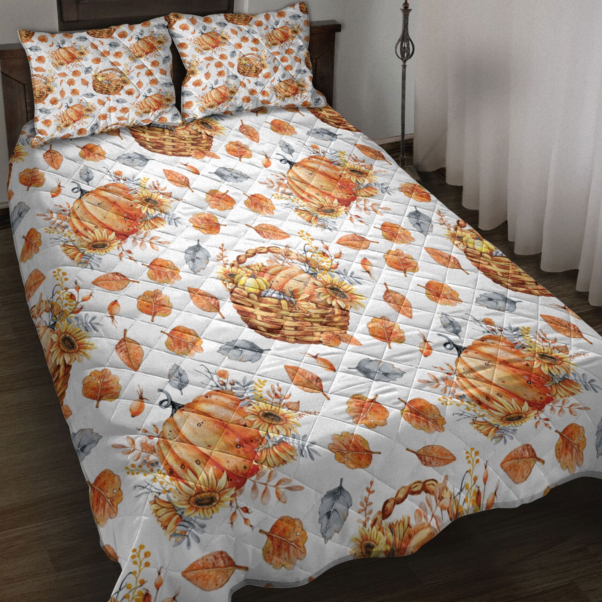 Ohaprints-Quilt-Bed-Set-Pillowcase-Autumn-Fall-Pumpkins-Sunflower-Fallen-Leaves-Basket-Thanksgiving-Harvest-Blanket-Bedspread-Bedding-3294-Throw (55'' x 60'')