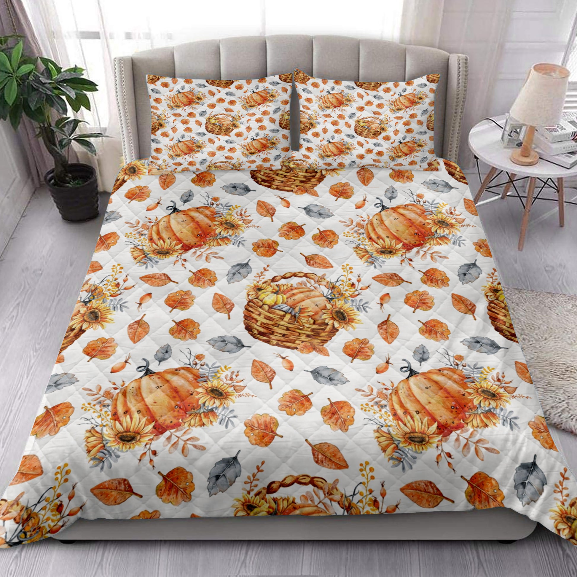 Ohaprints-Quilt-Bed-Set-Pillowcase-Autumn-Fall-Pumpkins-Sunflower-Fallen-Leaves-Basket-Thanksgiving-Harvest-Blanket-Bedspread-Bedding-3294-King (90'' x 100'')