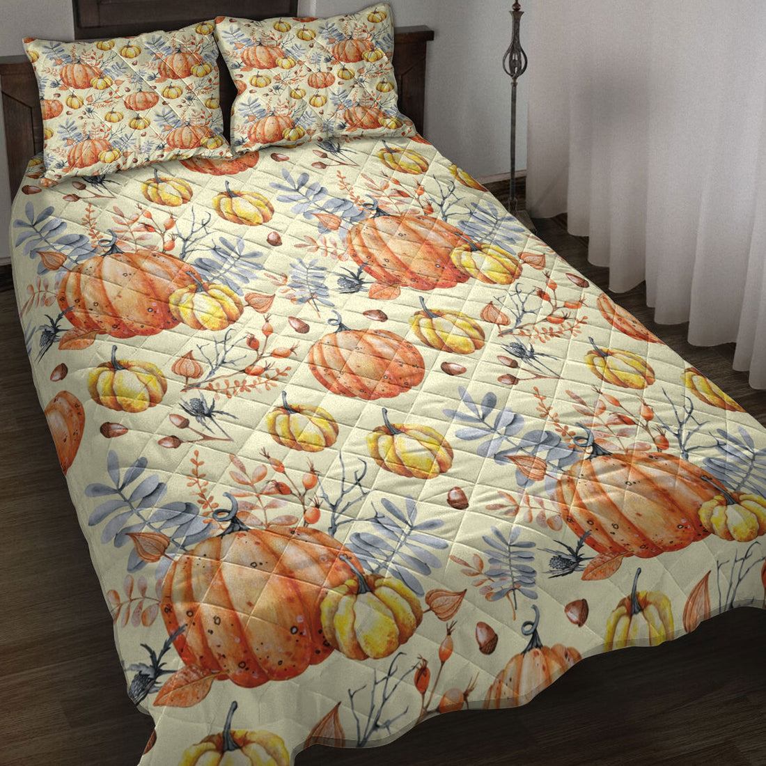 Ohaprints-Quilt-Bed-Set-Pillowcase-Autumn-Pumpkins-Sunflower-Berries-Fallen-Leaves-Thanksgiving-Harvest-Blanket-Bedspread-Bedding-3295-Throw (55'' x 60'')