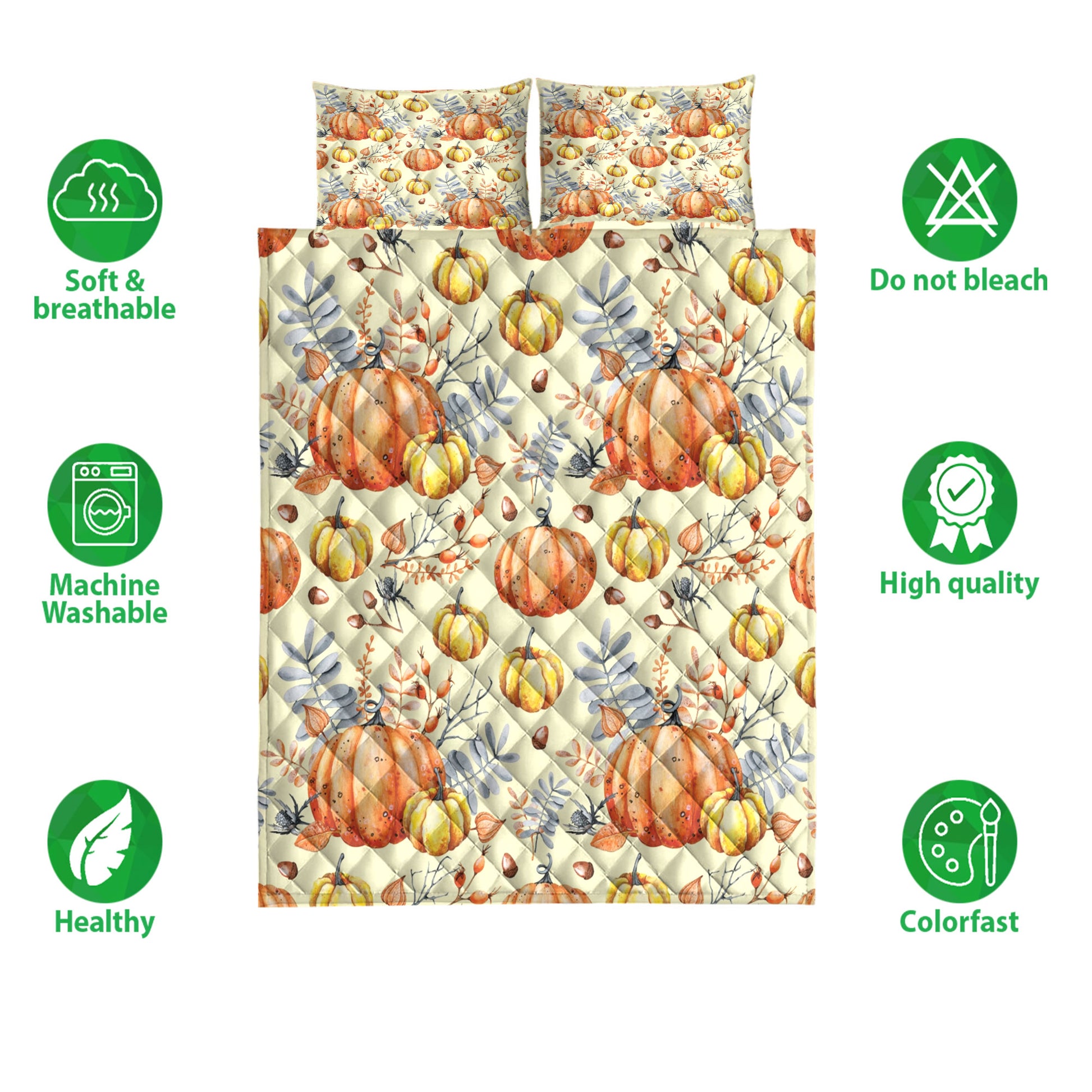 Ohaprints-Quilt-Bed-Set-Pillowcase-Autumn-Pumpkins-Sunflower-Berries-Fallen-Leaves-Thanksgiving-Harvest-Blanket-Bedspread-Bedding-3295-Double (70'' x 80'')