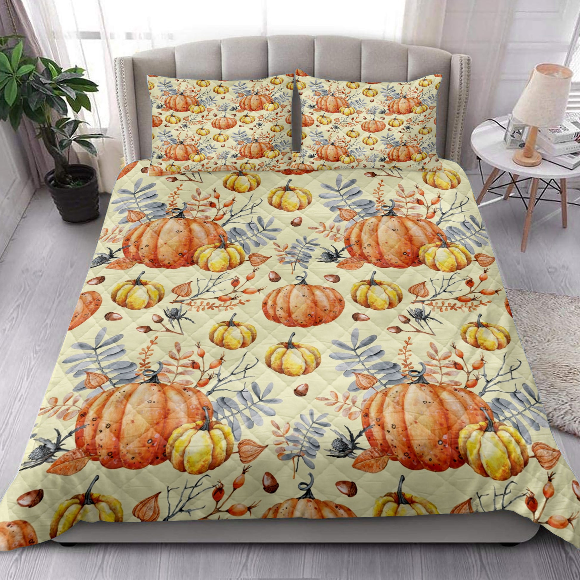 Ohaprints-Quilt-Bed-Set-Pillowcase-Autumn-Pumpkins-Sunflower-Berries-Fallen-Leaves-Thanksgiving-Harvest-Blanket-Bedspread-Bedding-3295-King (90'' x 100'')