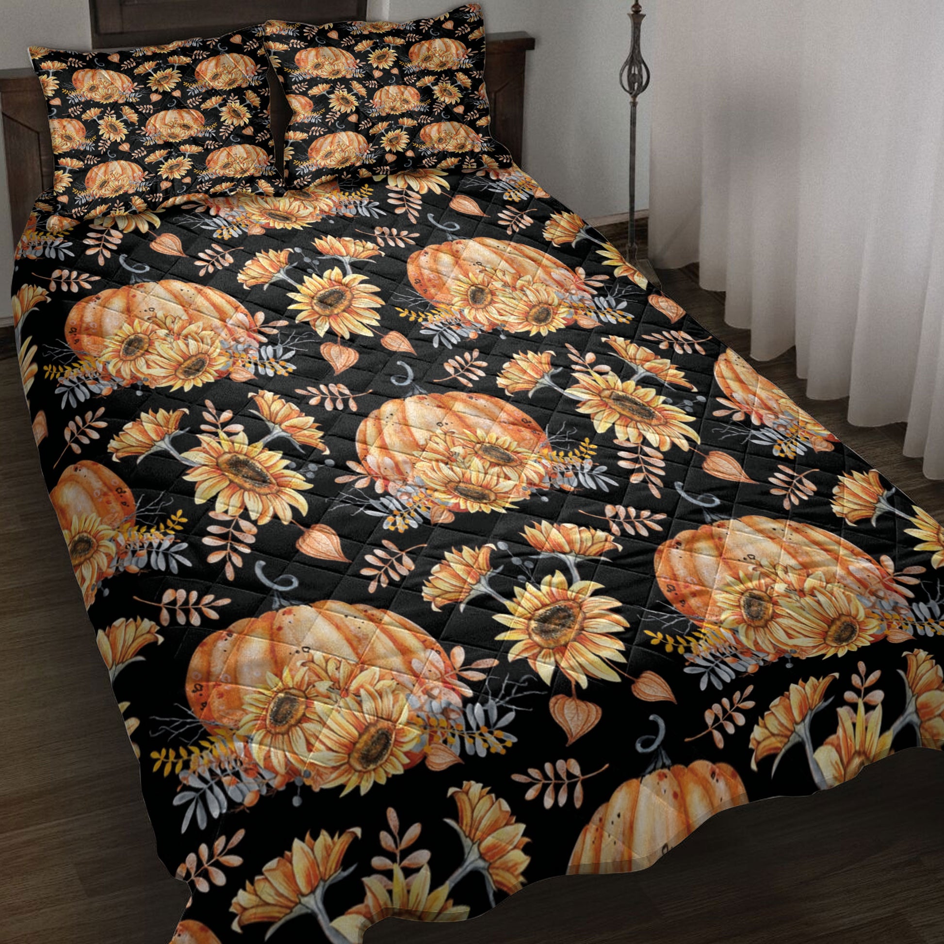 Ohaprints-Quilt-Bed-Set-Pillowcase-Autumn-Of-Pumpkins-Sunflower-Berries-Fallen-Leaves-Thanksgiving-Harves-Blanket-Bedspread-Bedding-3296-Throw (55'' x 60'')