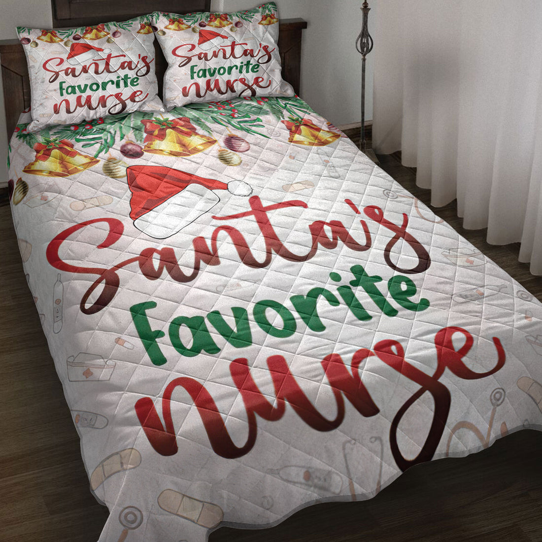 Ohaprints-Quilt-Bed-Set-Pillowcase-Nurse-Christmas-Santa-Favorite-Nurse-Holly-Berry-Bell-Blanket-Bedspread-Bedding-3670-Throw (55'' x 60'')