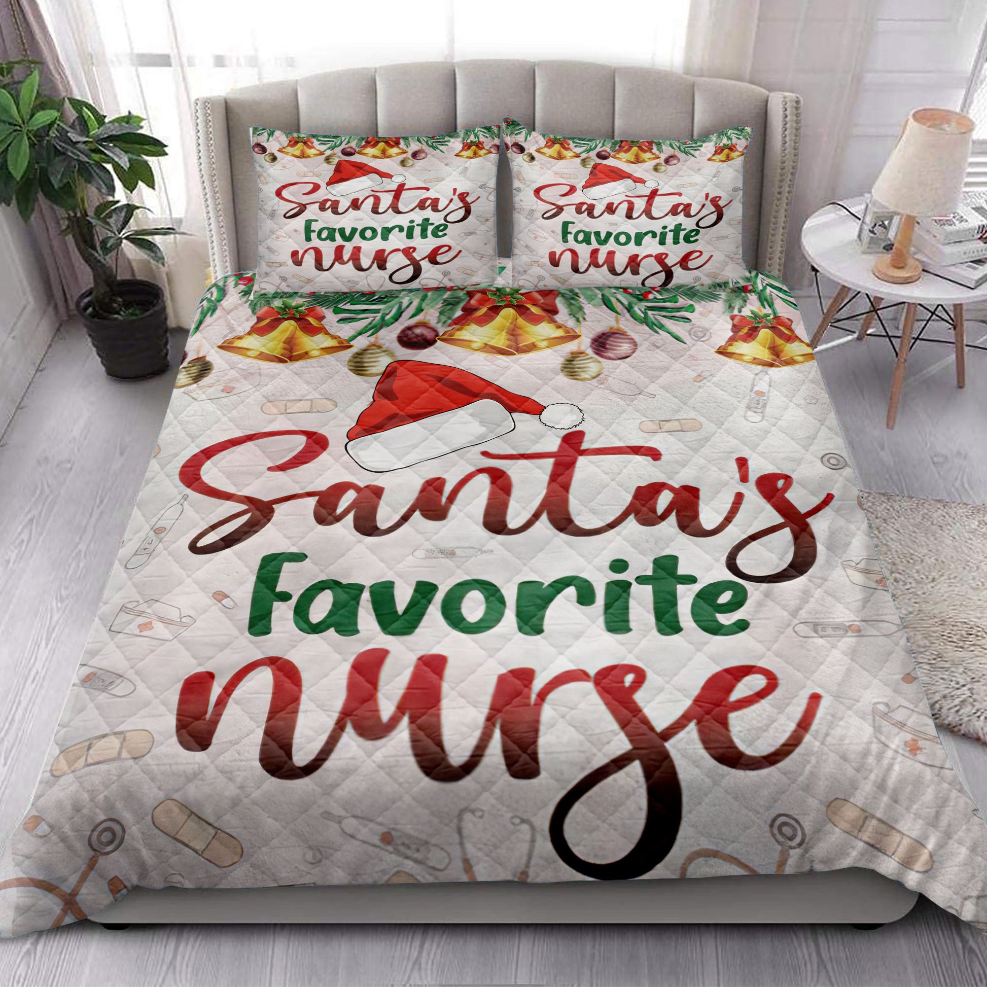 Ohaprints-Quilt-Bed-Set-Pillowcase-Nurse-Christmas-Santa-Favorite-Nurse-Holly-Berry-Bell-Blanket-Bedspread-Bedding-3670-King (90'' x 100'')