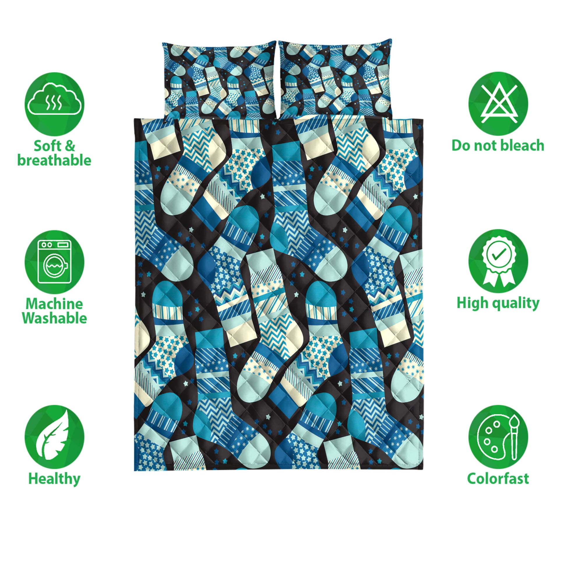 Ohaprints-Quilt-Bed-Set-Pillowcase-Christmas-Green-Stocking-Snowflakes-Winter-Holiday-Christmas-Gifts-Blanket-Bedspread-Bedding-4205-Double (70'' x 80'')