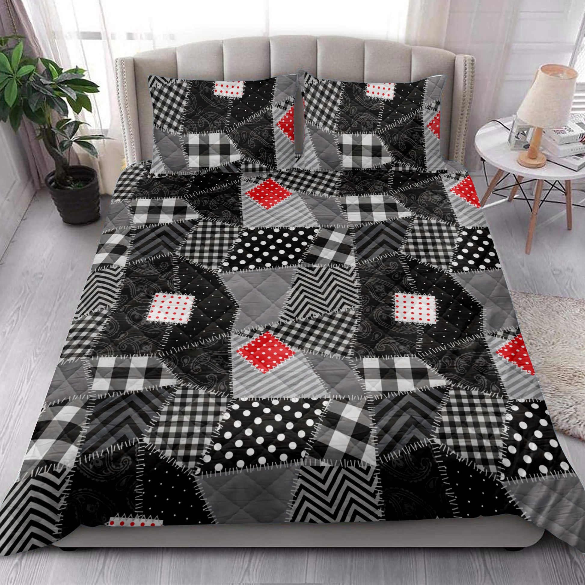 Ohaprints-Quilt-Bed-Set-Pillowcase-Christmas-Patchwork-Buffalo-Plaid-Black-And-White-Christmas-Gifts-Blanket-Bedspread-Bedding-4213-King (90'' x 100'')