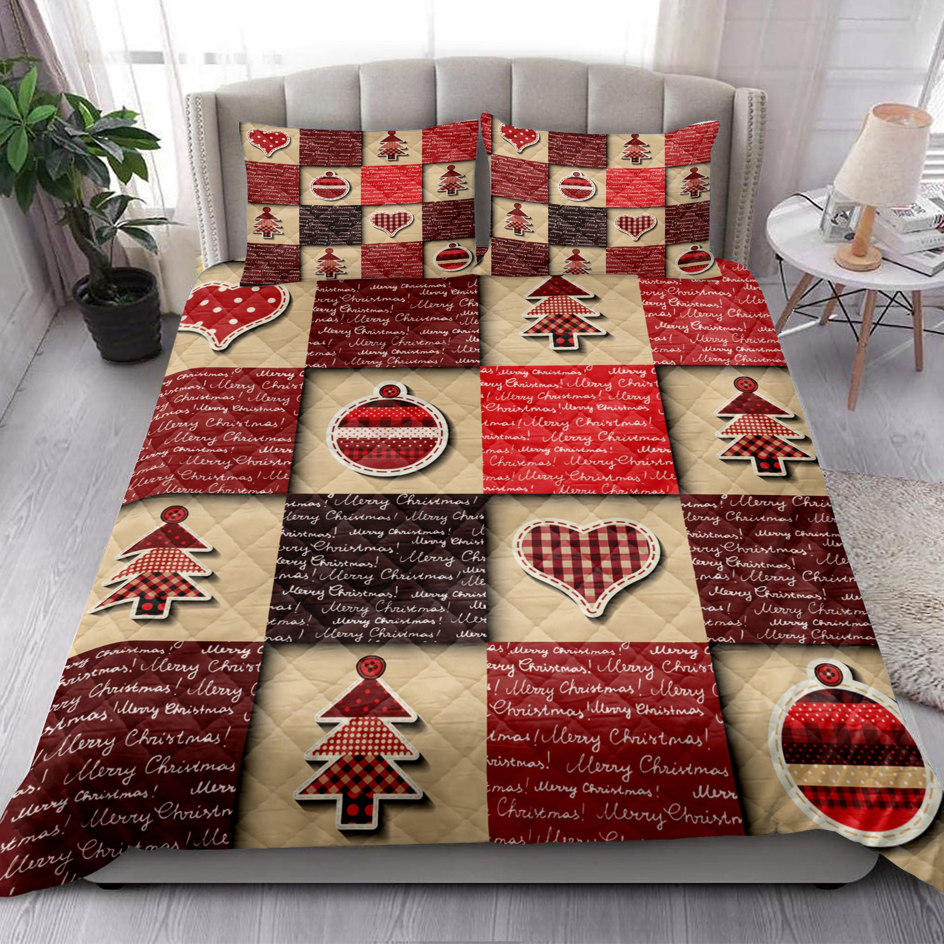 Ohaprints-Quilt-Bed-Set-Pillowcase-Merry-Christmas-Patchwork-Christmas-Tree-Red-Pattern-Christmas-Gifts-Blanket-Bedspread-Bedding-4214-King (90'' x 100'')