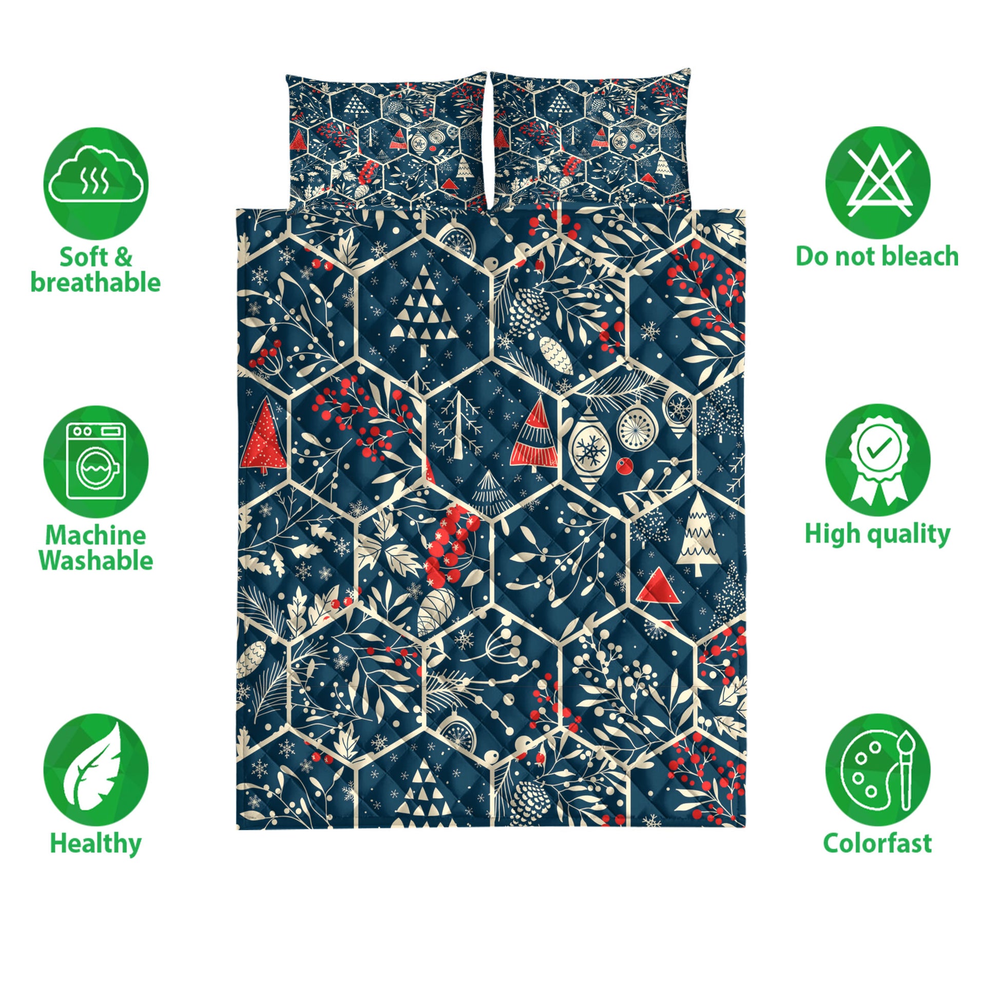 Ohaprints-Quilt-Bed-Set-Pillowcase-Merry-Christmas-With-Fir-Cone-Christmas-Trees-Holly-Leaves-Berries-Blanket-Bedspread-Bedding-4216-Double (70'' x 80'')