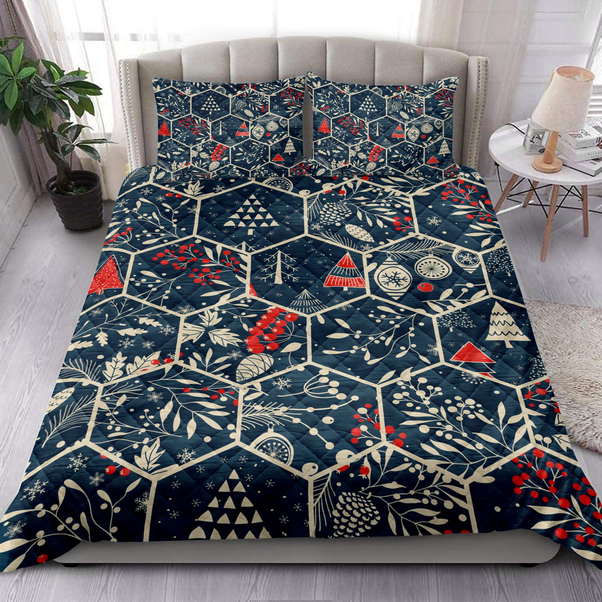 Ohaprints-Quilt-Bed-Set-Pillowcase-Merry-Christmas-With-Fir-Cone-Christmas-Trees-Holly-Leaves-Berries-Blanket-Bedspread-Bedding-4216-King (90'' x 100'')