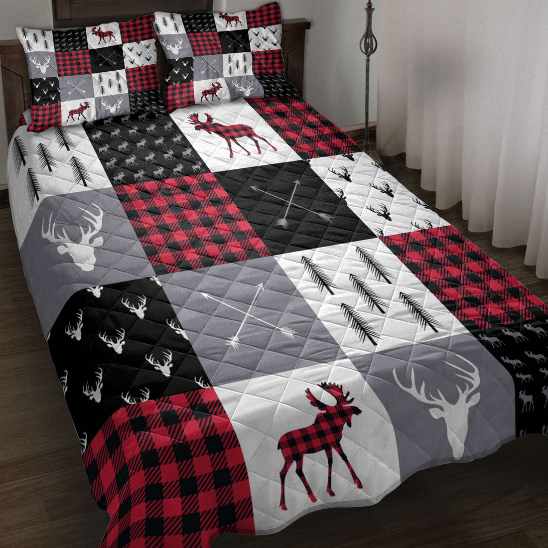 Ohaprints-Quilt-Bed-Set-Pillowcase-Buffalo-Plaid-Patchwork-Elk-Arrows-Deer-Head-And-Trees-Chrismas-Gift-Blanket-Bedspread-Bedding-4217-Throw (55'' x 60'')