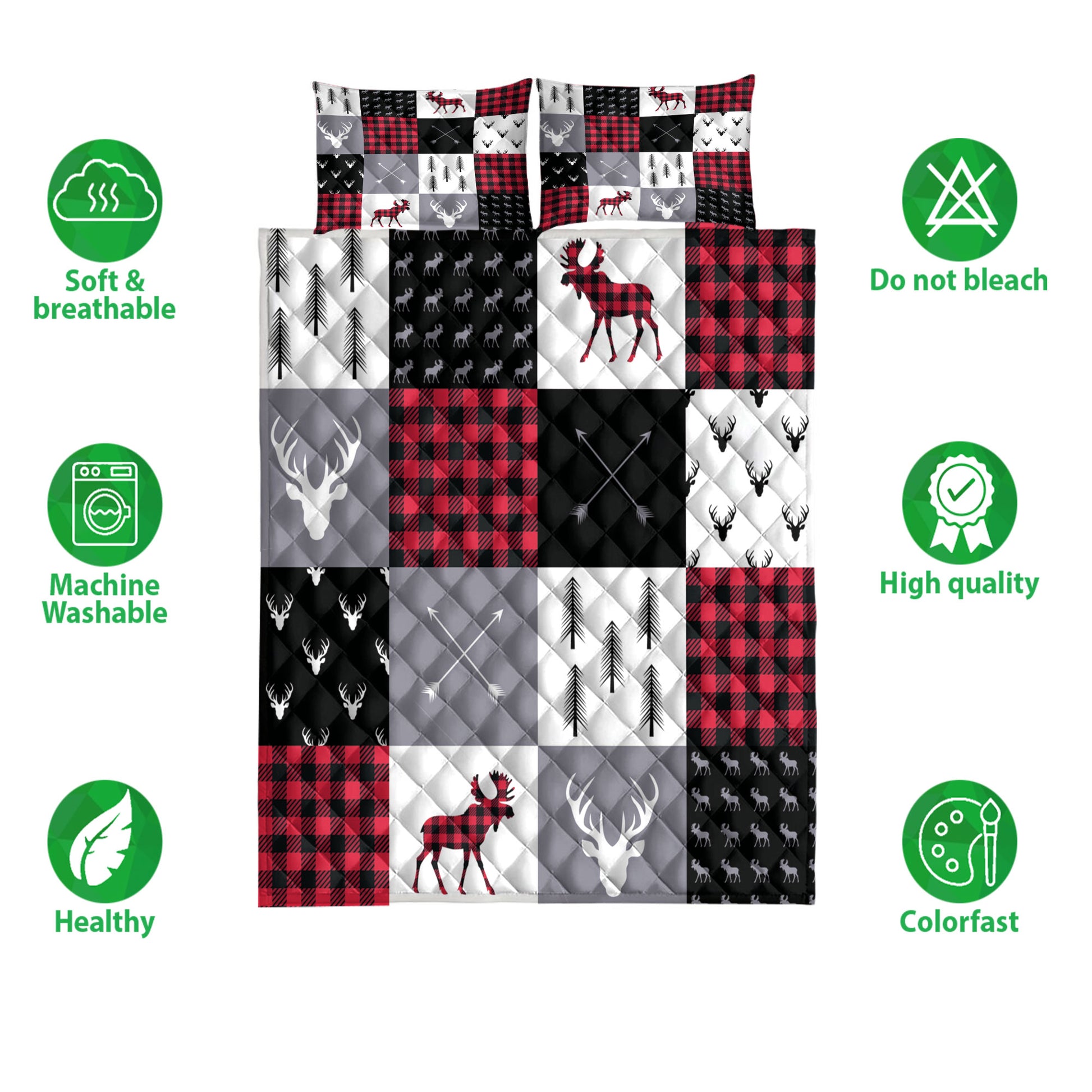 Ohaprints-Quilt-Bed-Set-Pillowcase-Buffalo-Plaid-Patchwork-Elk-Arrows-Deer-Head-And-Trees-Chrismas-Gift-Blanket-Bedspread-Bedding-4217-Double (70'' x 80'')